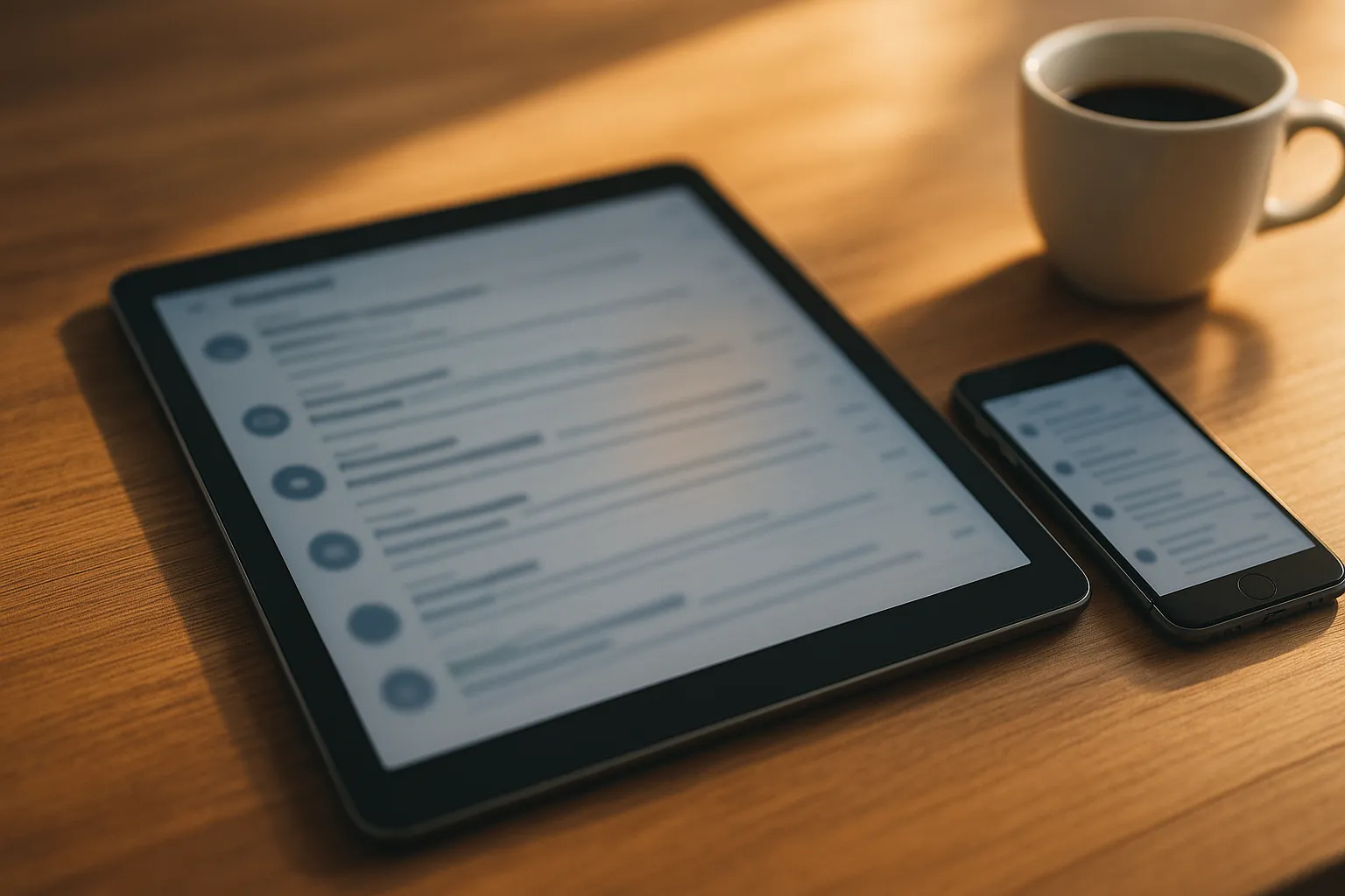 A tablet and phone on a wooden desk displaying soft focus promotional emails, warm daylight, representing Iterable email tracking inside Gmail