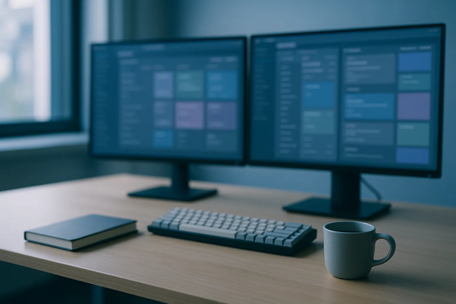 A software engineer's desk lit by soft daylight, with two monitors showing out of focus interface panels beside a notebook and coffee mug