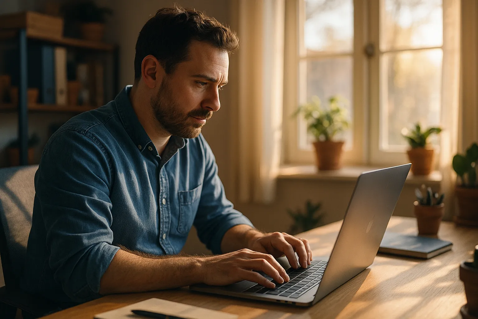 A small business owner working at a laptop in a sunlit home office, with a blurred email inbox visible on screen, representing Keap CRM email tracking and how to block it in Gmail