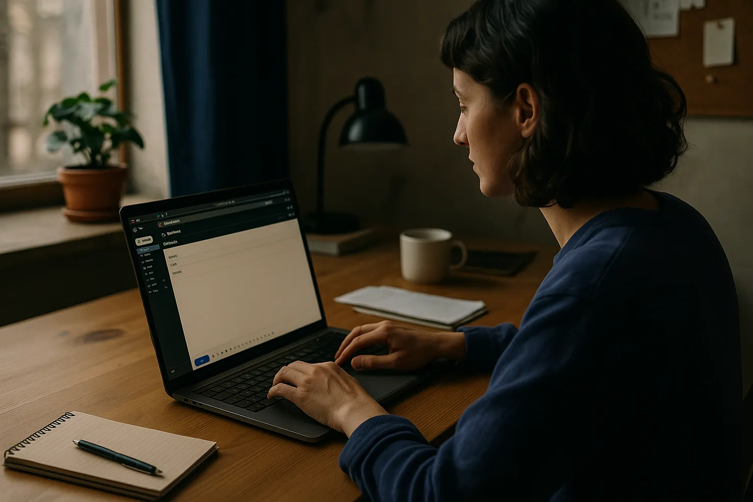 A content creator reading a newsletter email on a laptop at a cozy desk, with a subtle visualization of data being transmitted from the email to tracking servers