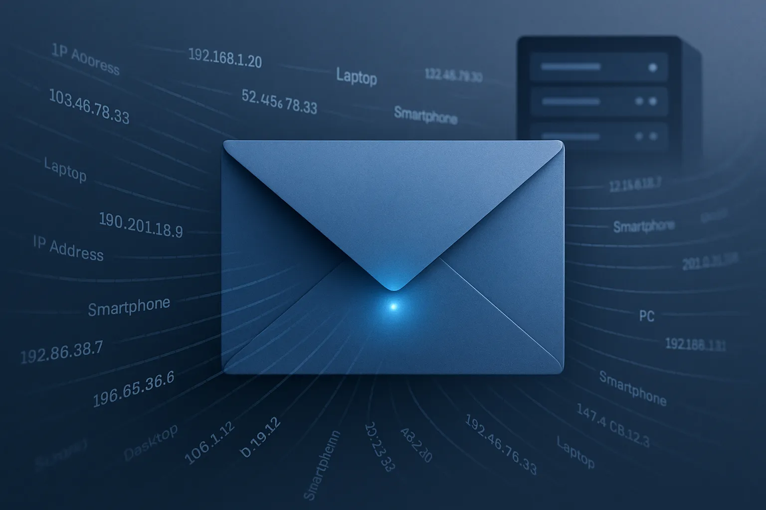 LinkedIn email envelope with tracking pixel data streams flowing to corporate servers