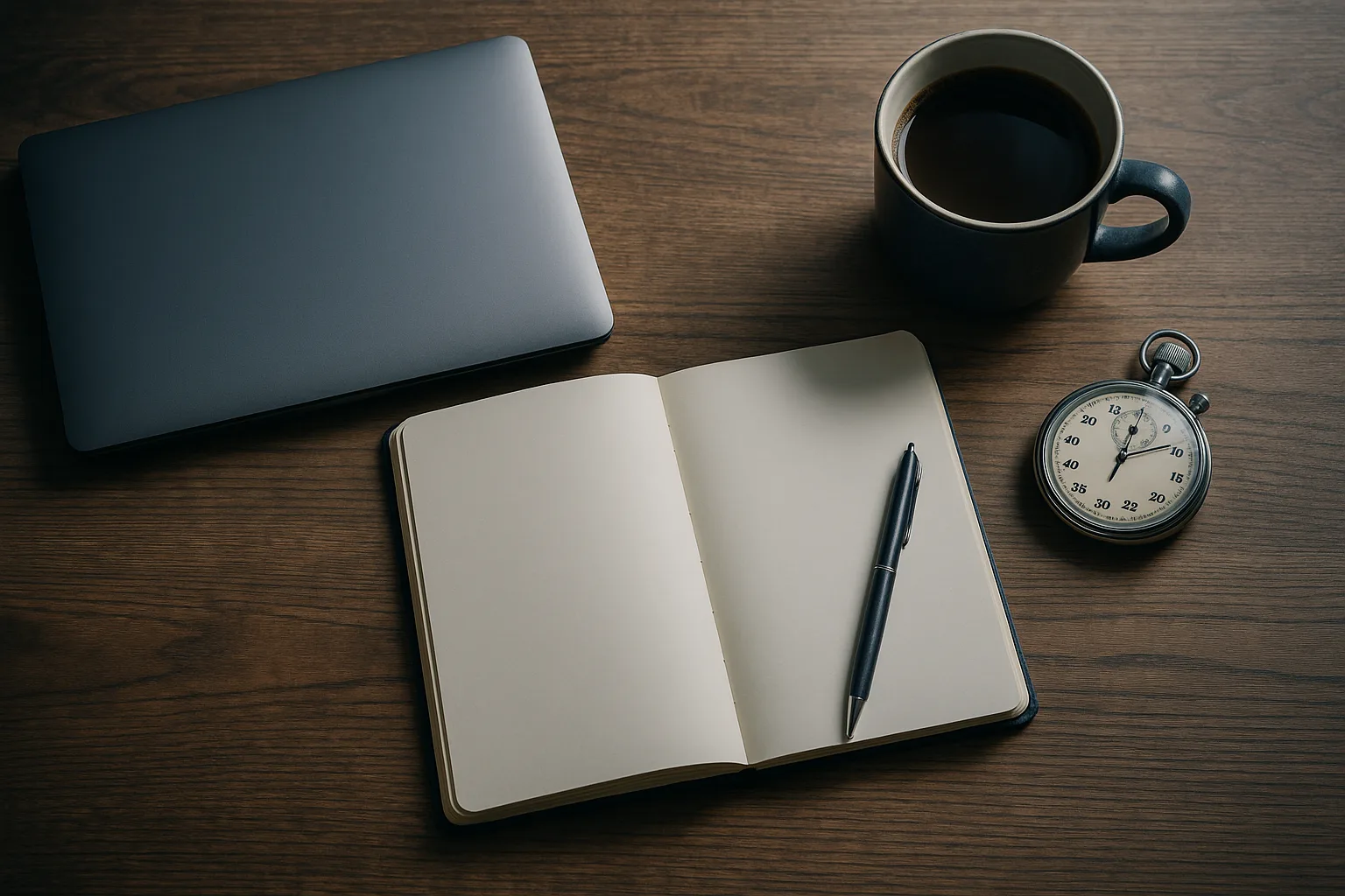 Overhead view of a desk with a closed laptop, open notebook, pen, coffee cup and a mechanical stopwatch
