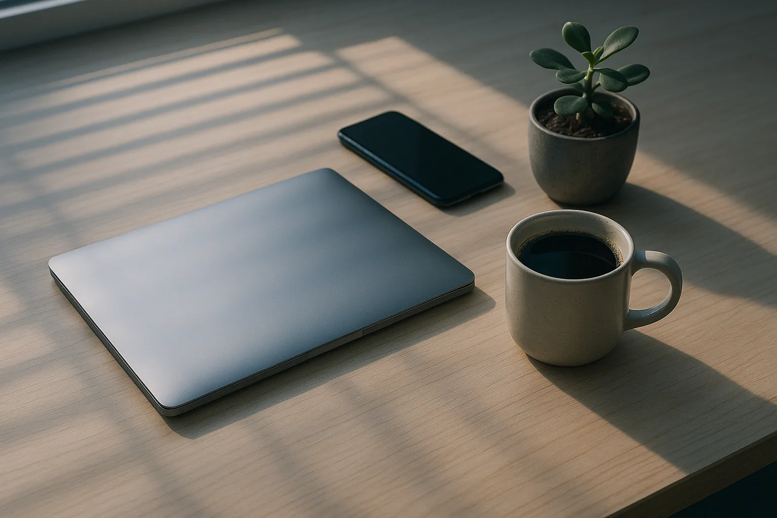 A minimal desk in morning light with a closed laptop, a mug of coffee and a phone lying face down, blind slat shadows across the wood