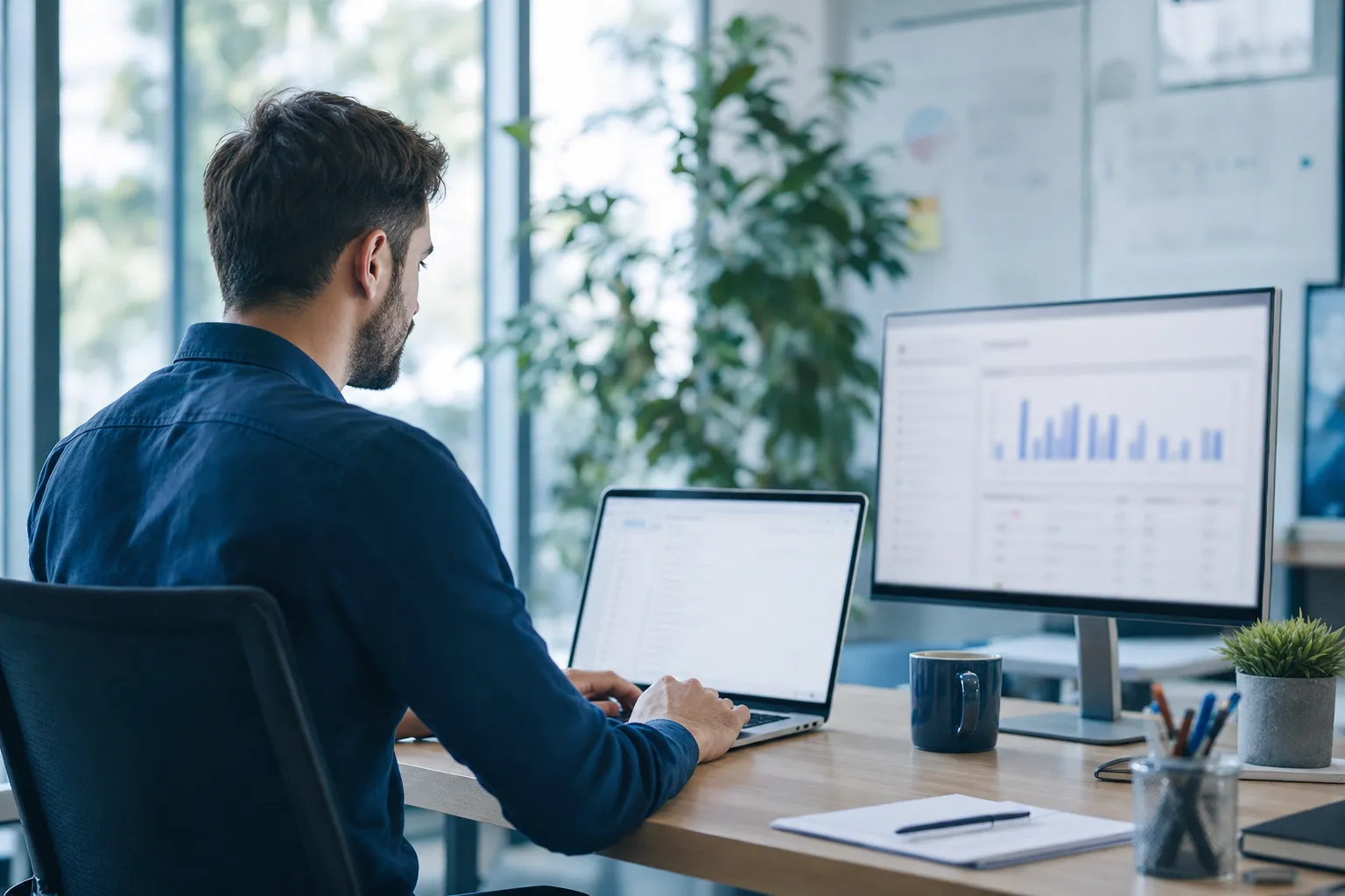 A sales rep at a laptop in a bright office with a blurred inbox on one screen and a blurred engagement dashboard on another, illustrating Lusha email tracking