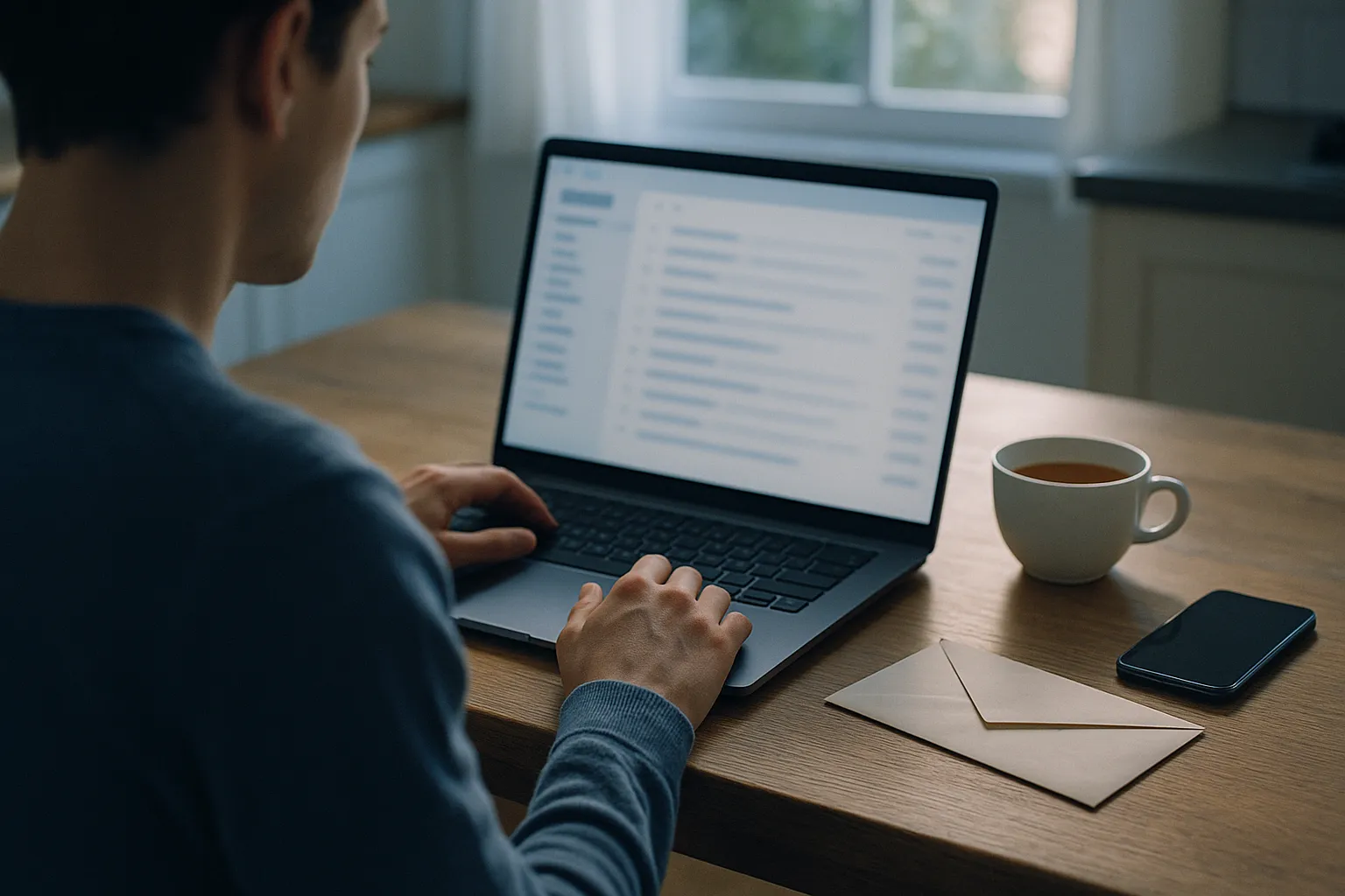 Person reading email on a laptop at a kitchen table in soft morning light, with a phone and a paper envelope nearby, illustrating whether Mail.ru read receipts and open statistics reveal when you read an email