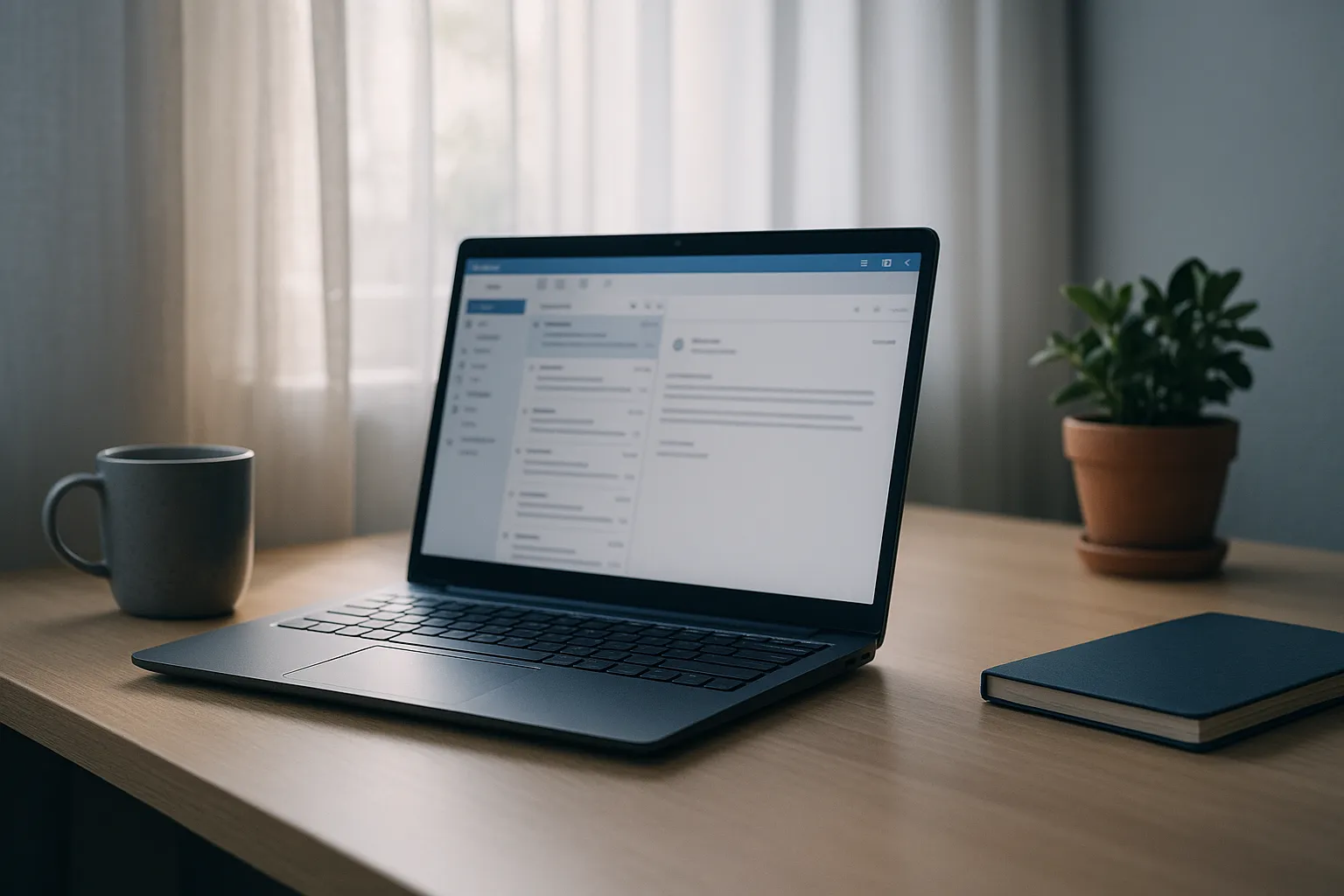 A Windows laptop on a home office desk in morning light showing a desktop email client with a blurred inbox, next to a coffee mug and a small plant