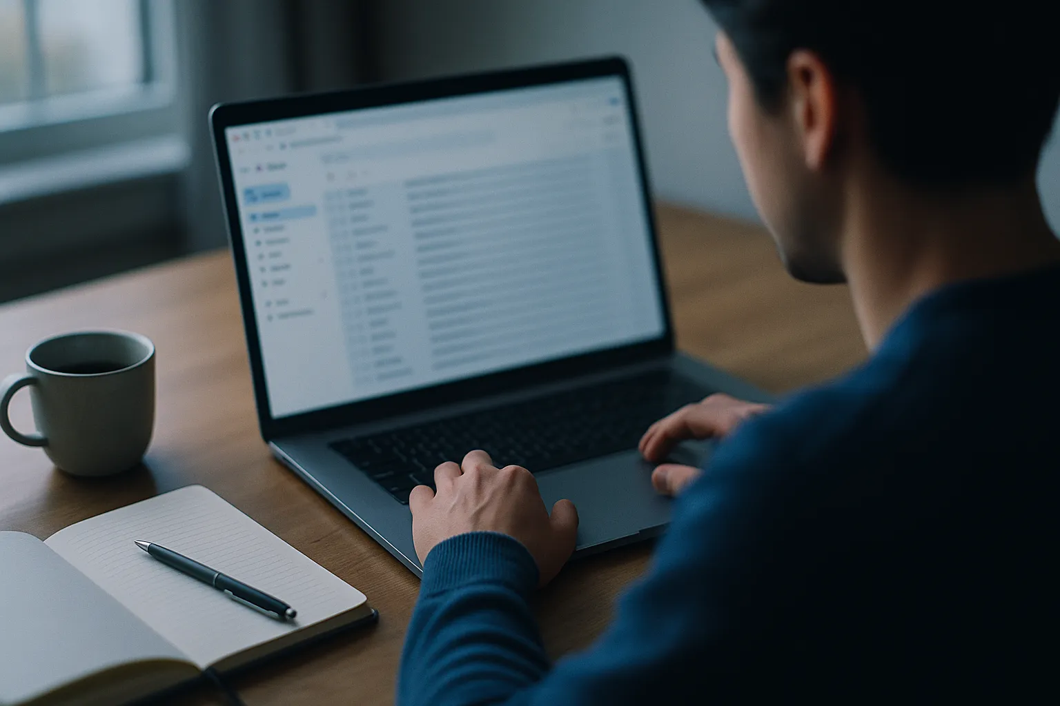 A person reading email on a laptop at a desk with a coffee cup and notebook in soft window light, representing a hidden Mailbutler tracking pixel loading in the inbox