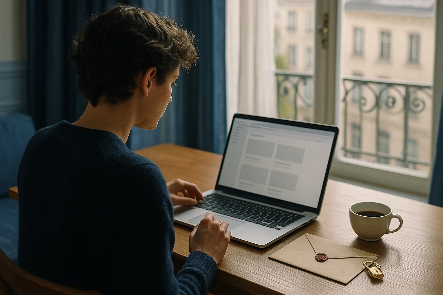 Person reading email on a laptop in a sunlit Brussels apartment, with image placeholders on screen and a sealed envelope and padlock on the desk, illustrating whether Mailfence read receipts and tracking pixels reveal when you read an email