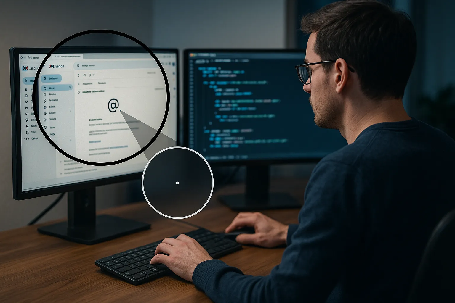 Developer at a desk with Gmail inbox open on screen showing a transactional email with a tracking pixel visualization overlay, indigo and blue tones