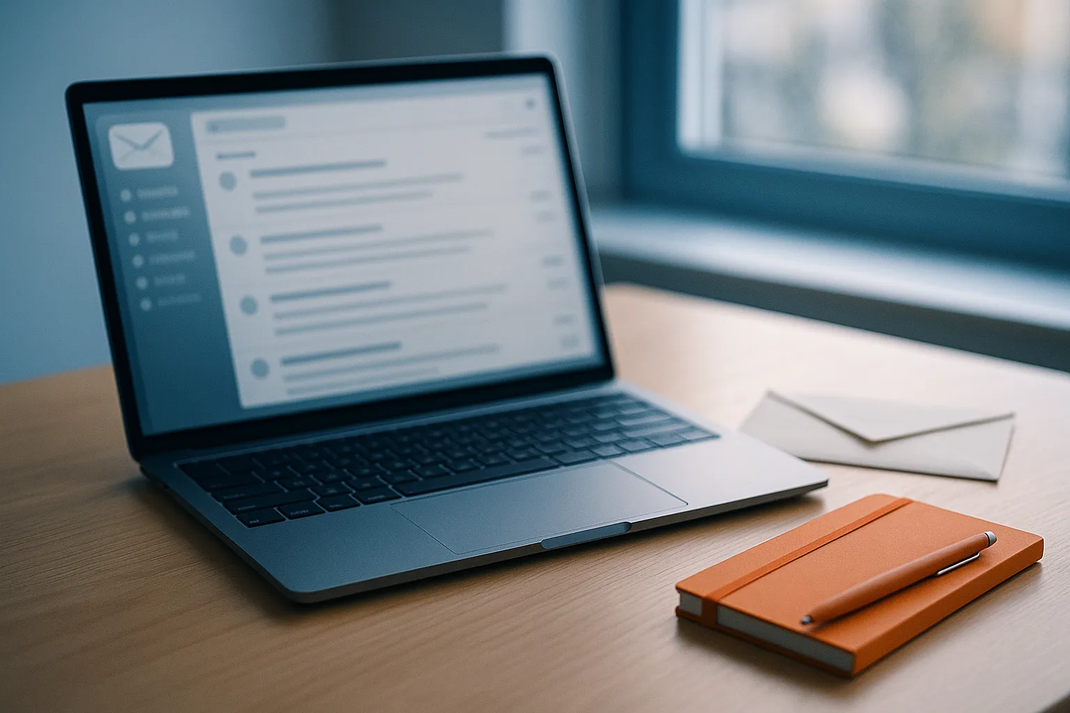A laptop on a desk displaying a soft focus email inbox next to an envelope, natural window light, representing Mailjet email tracking inside Gmail