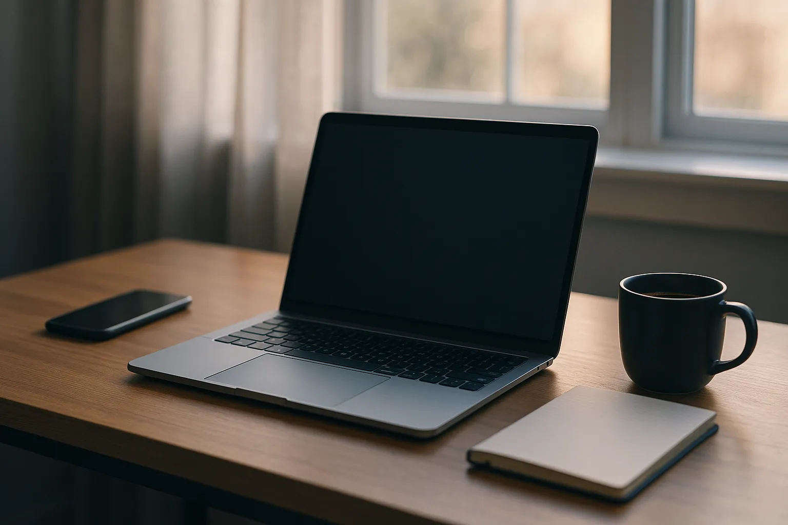An open laptop with a dark screen on a wooden desk beside a phone, a closed notebook and a black mug, with daylight coming through a curtained window