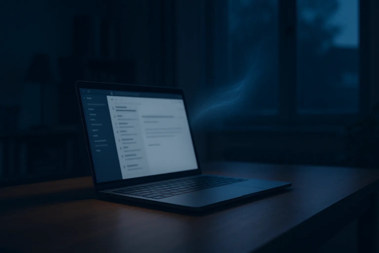 Laptop on a desk at dusk with a blurred email client on screen and a faint glow drifting away, representing an invisible MailTag email tracking pixel reporting an open