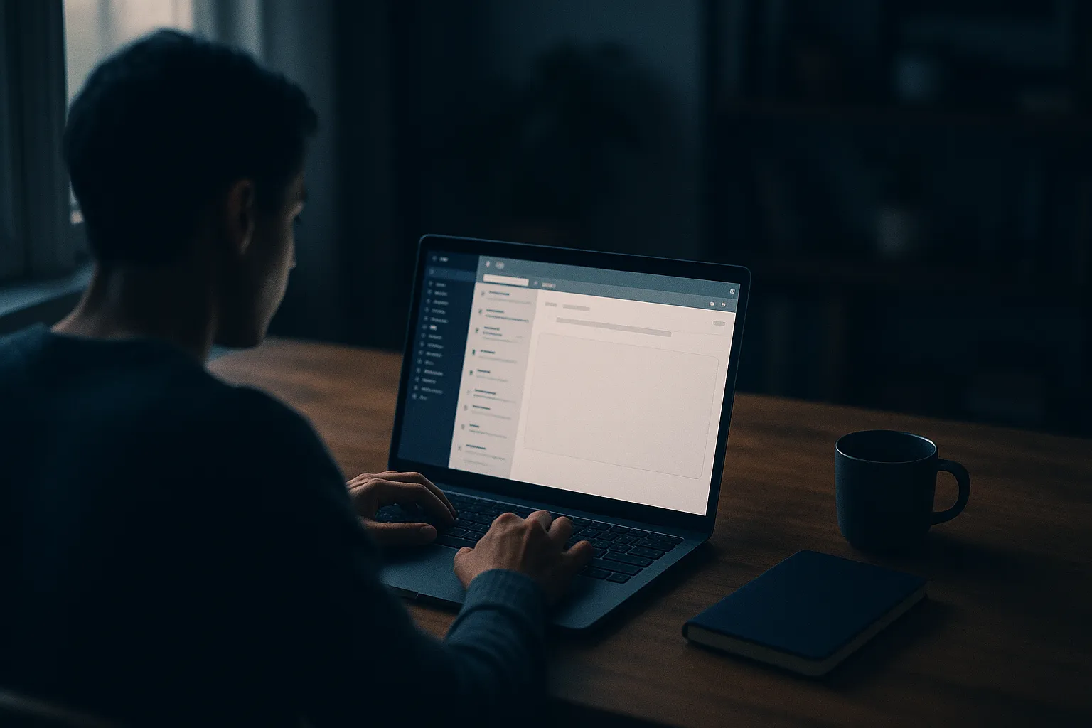 A person at a wooden desk reading from a laptop in soft warm window light with hands resting on the keyboard, a small notebook and coffee cup nearby, blurred home office background, indigo and deep blue ambient color grading