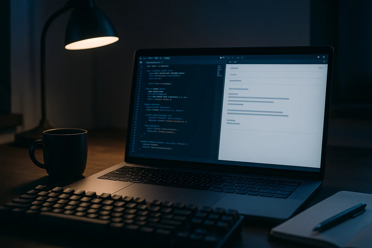 A developer's desk at night with a laptop showing a code editor beside an email client and a coffee mug next to the keyboard, indigo and blue tones, representing transactional email being built and sent