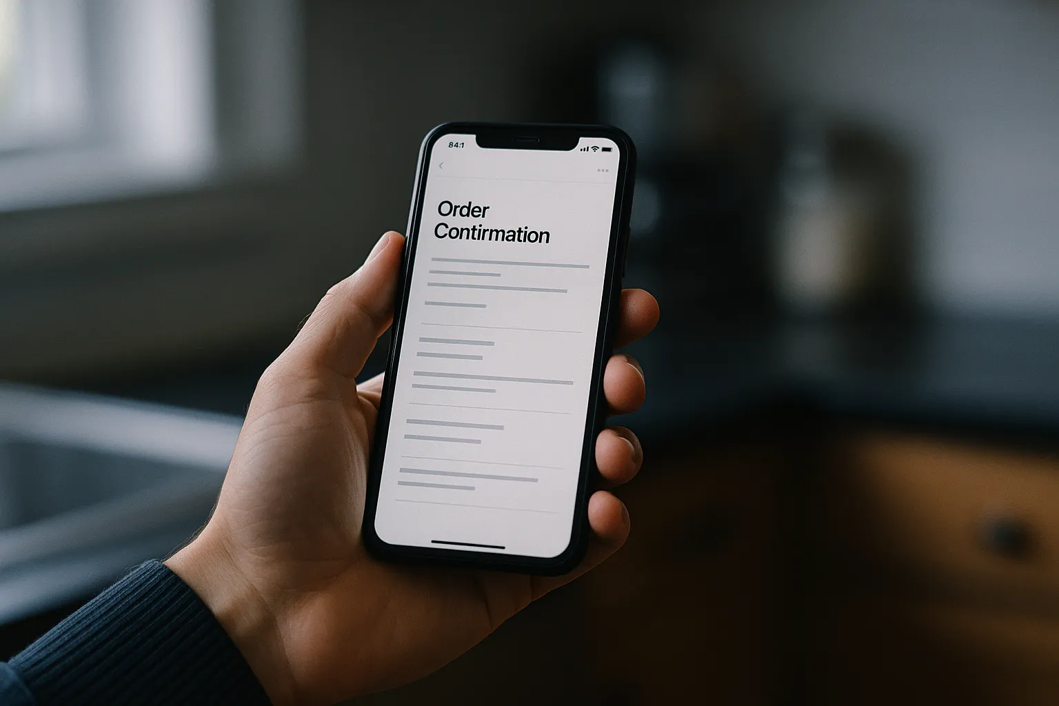 A hand holding a smartphone showing an order confirmation email in a mail app, kitchen counter blurred behind