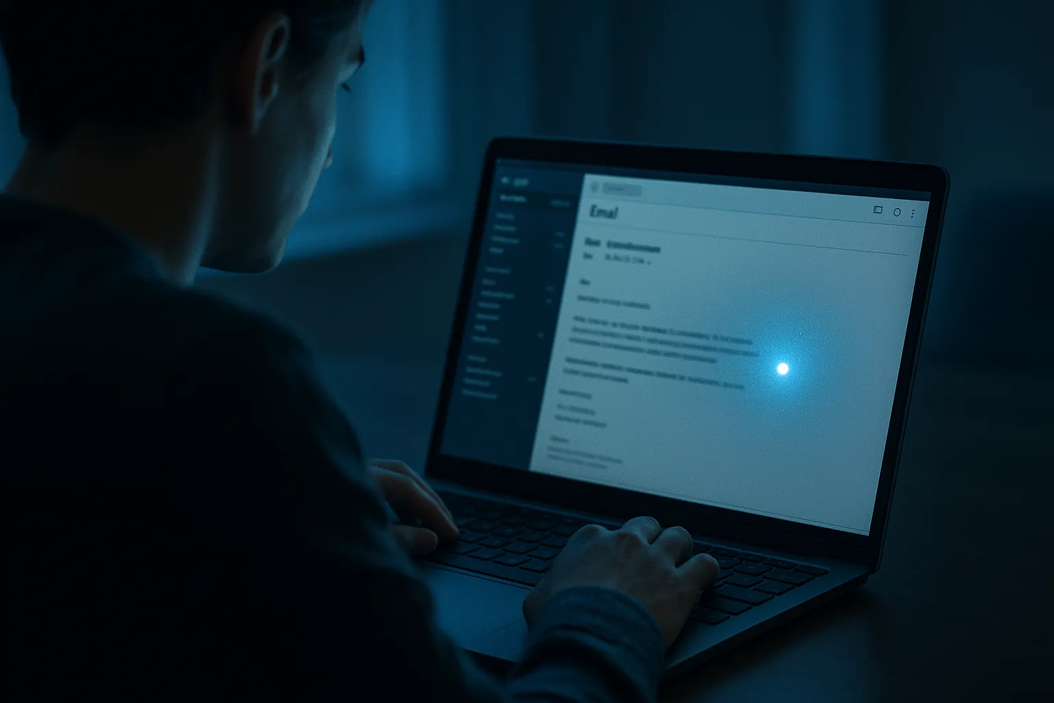 A Gmail inbox on a laptop screen with a magnifying glass revealing a hidden Marketo tracking pixel embedded in a marketing email, digital illustration, indigo and blue tones
