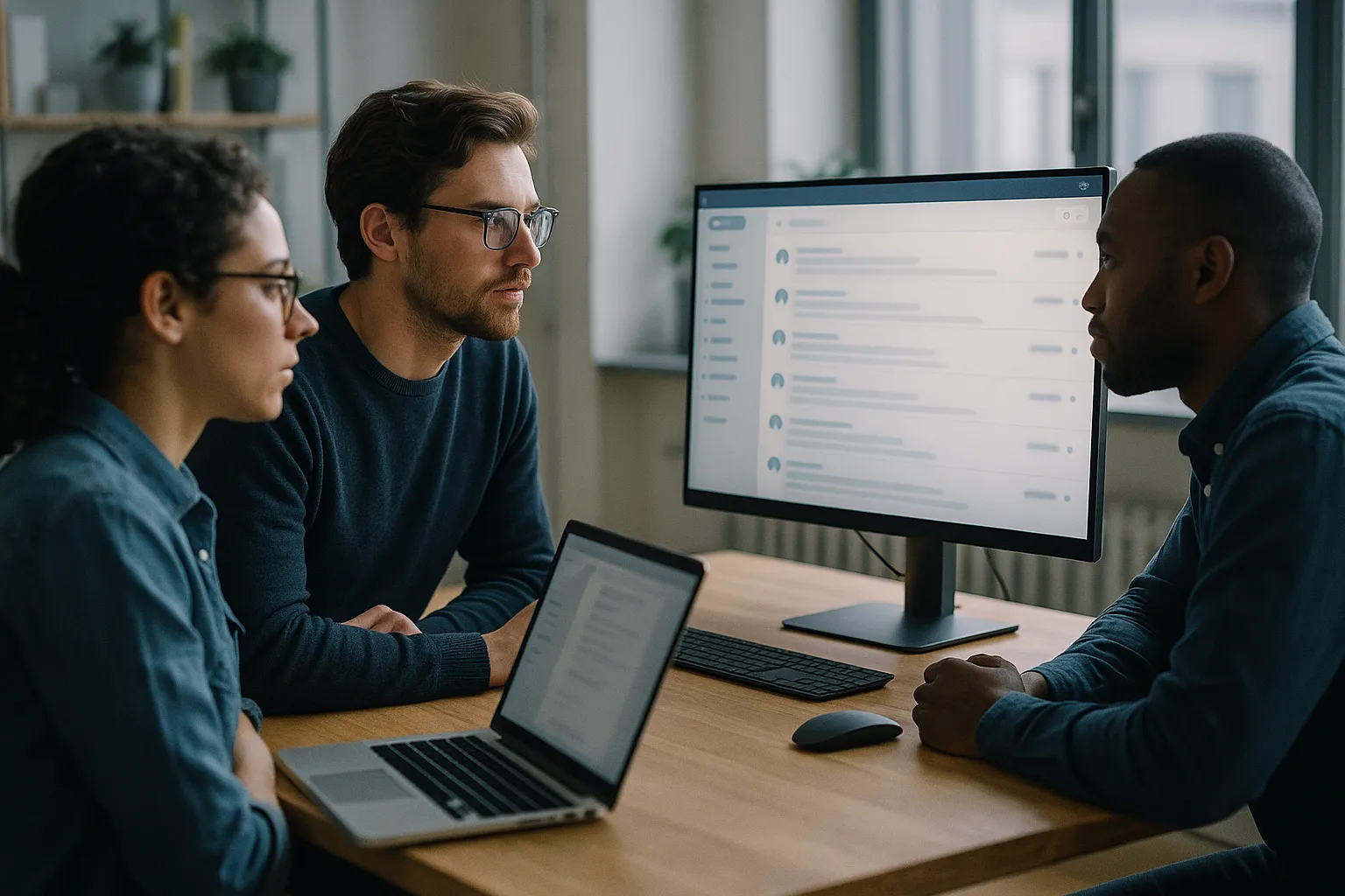 Small team gathered at a shared desk reviewing a collaborative team inbox on a large monitor in soft daylight, illustrating how Missive handles read receipts and email tracking