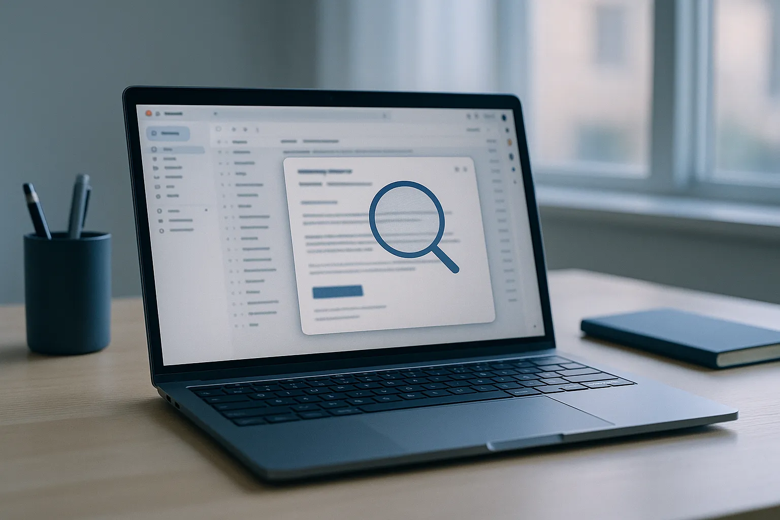 A laptop on a desk showing a Gmail inbox with a sales email open and a faint hidden tracking pixel concept over the message