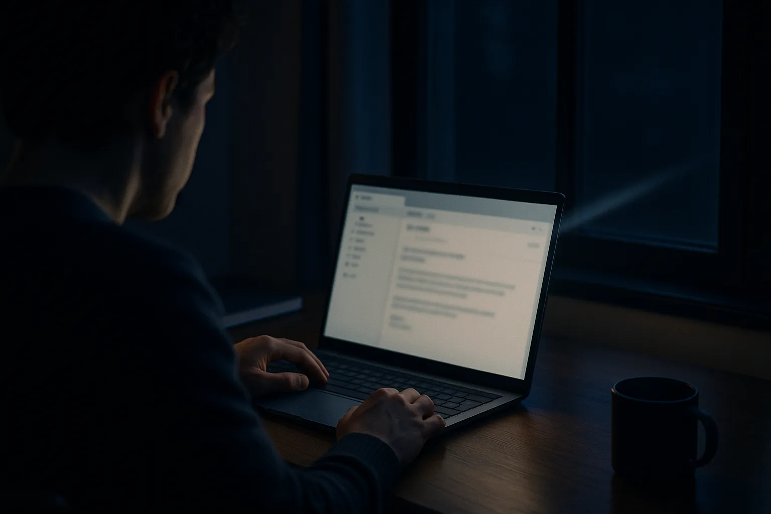 Person reading email on a laptop at a home desk in the evening while a faint signal leaves the screen, representing a Newton Mail read receipt reporting an open