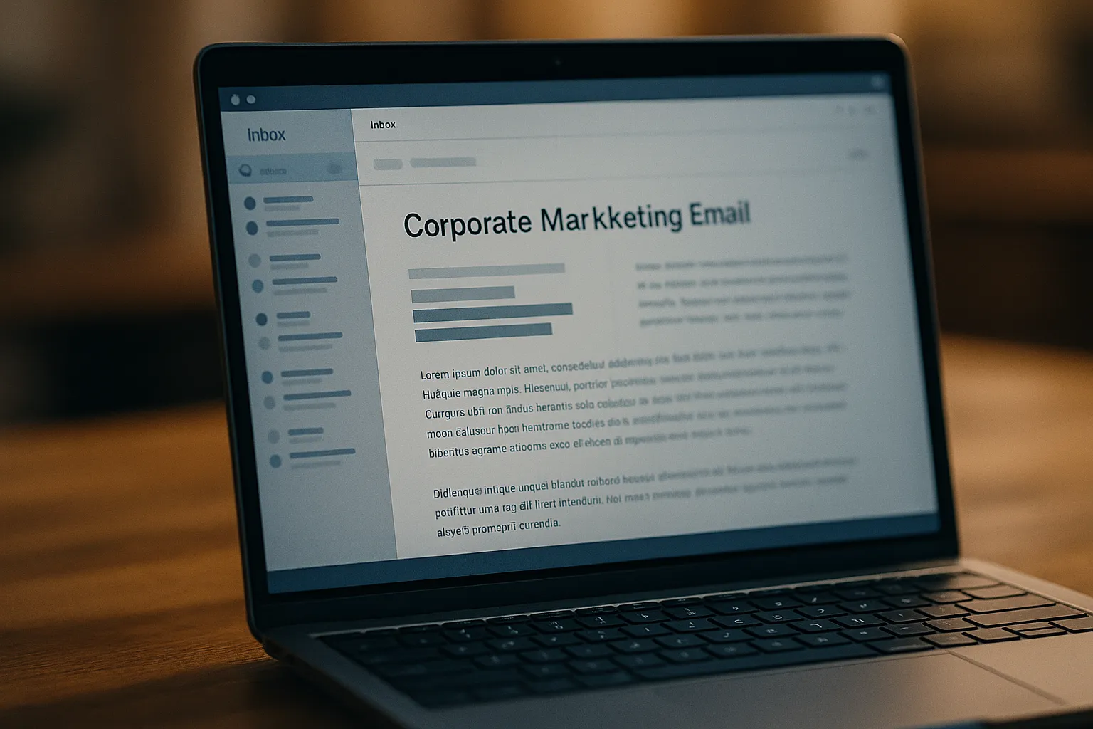 A laptop screen showing a corporate marketing email in an inbox, shot off axis so the screen glare is visible