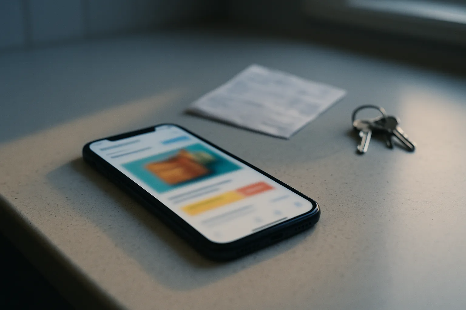 A phone on a kitchen counter showing a retailer promotional email, lit by morning light from a window