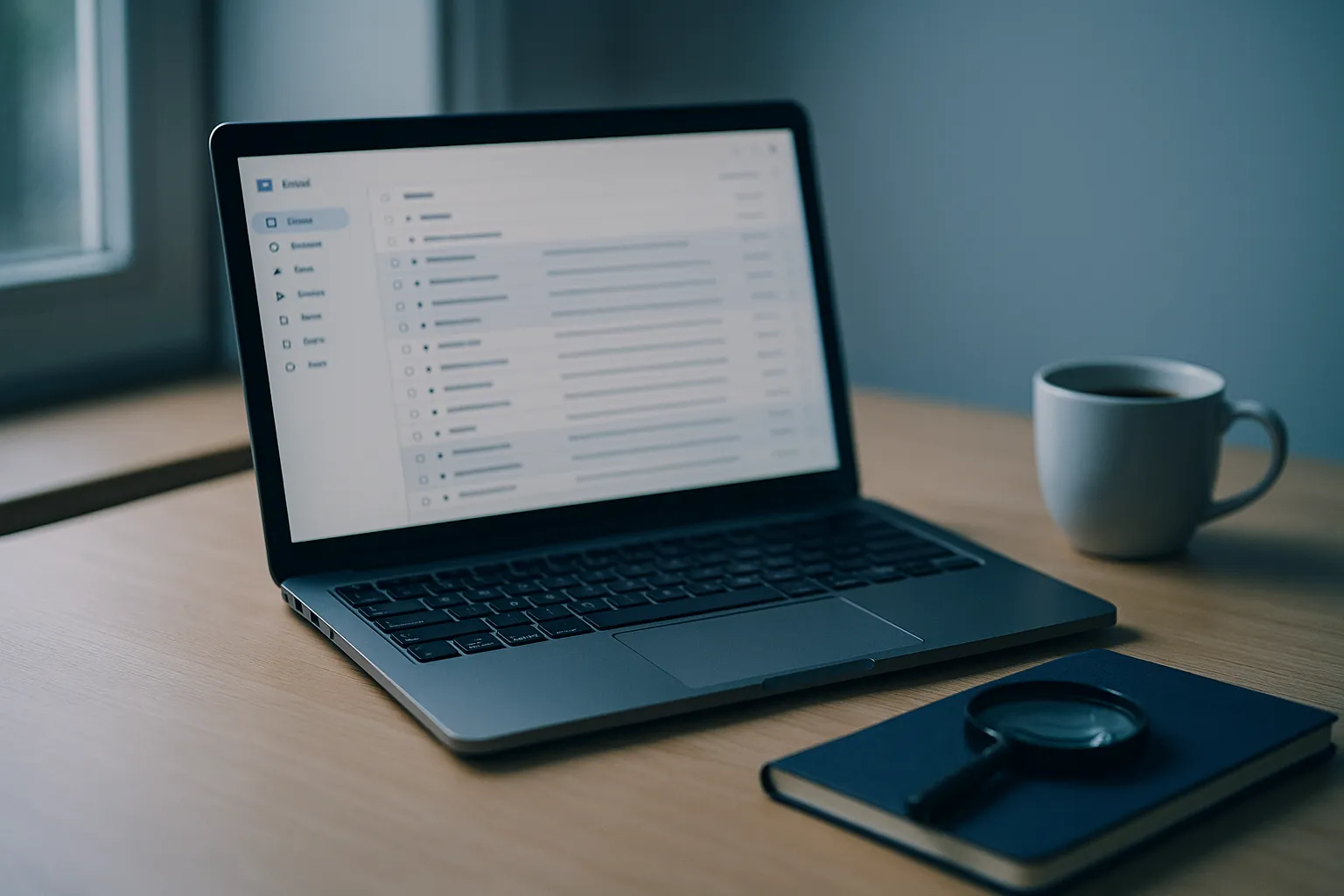 A laptop on a wooden desk showing an open email inbox, with a magnifying glass, notebook and cup of coffee beside it in soft natural window light