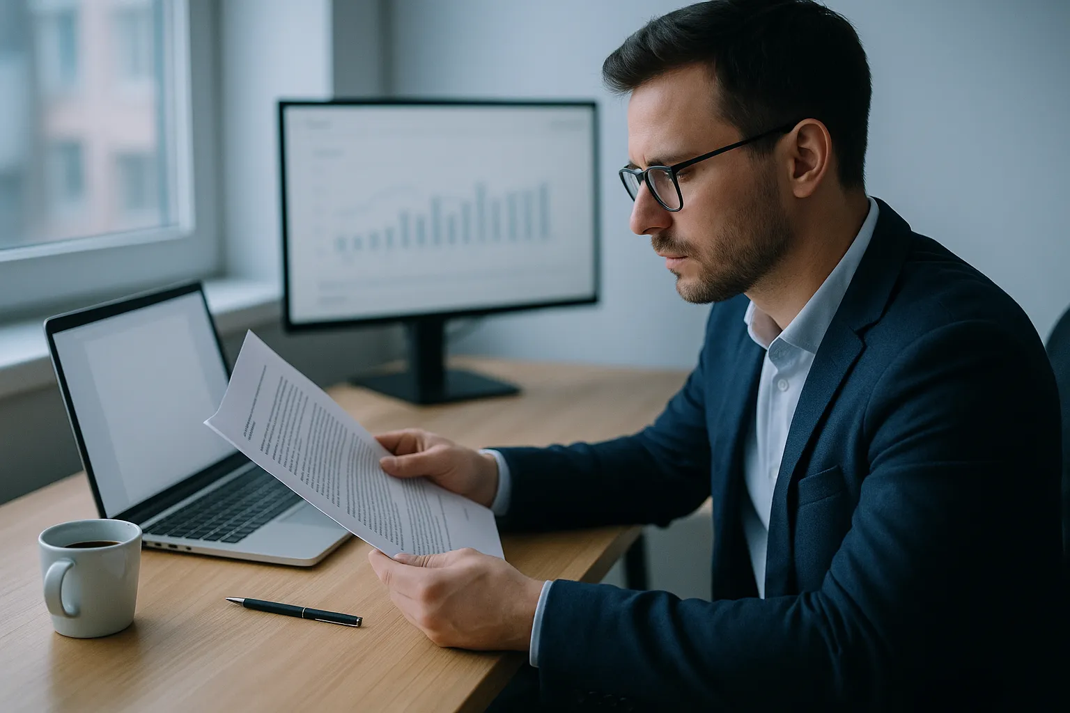 A person at a desk reviewing a printed contract beside an open laptop, with a faint analytics chart on a second monitor behind them