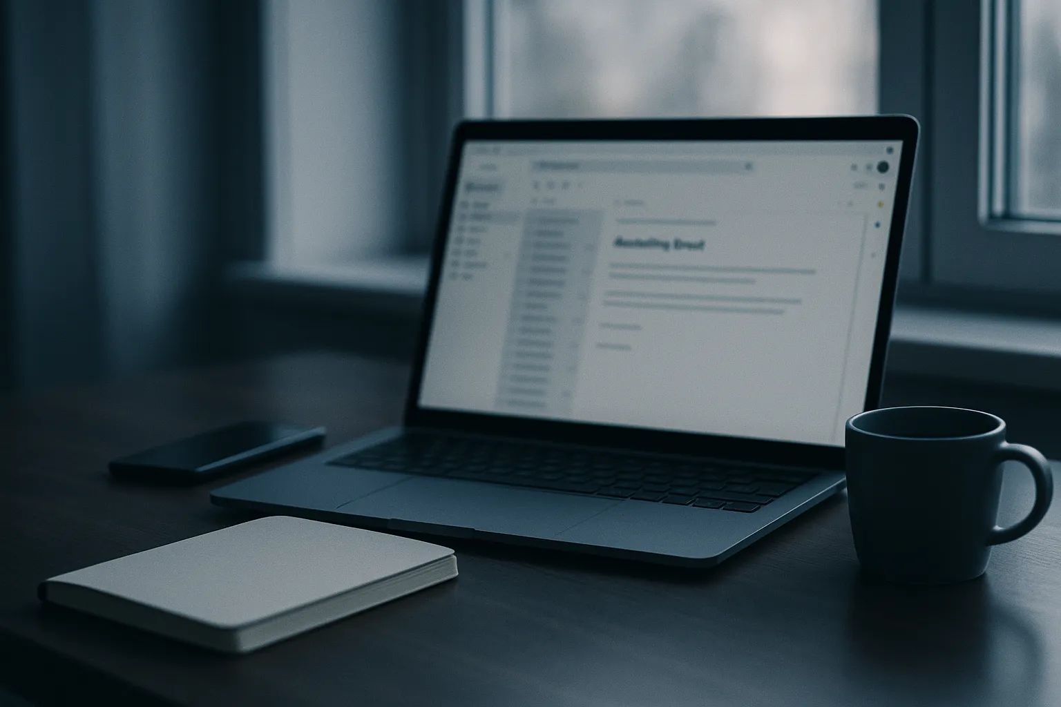 An open laptop on a dark office desk beside a coffee cup and notebook, showing an out of focus marketing email in a webmail inbox