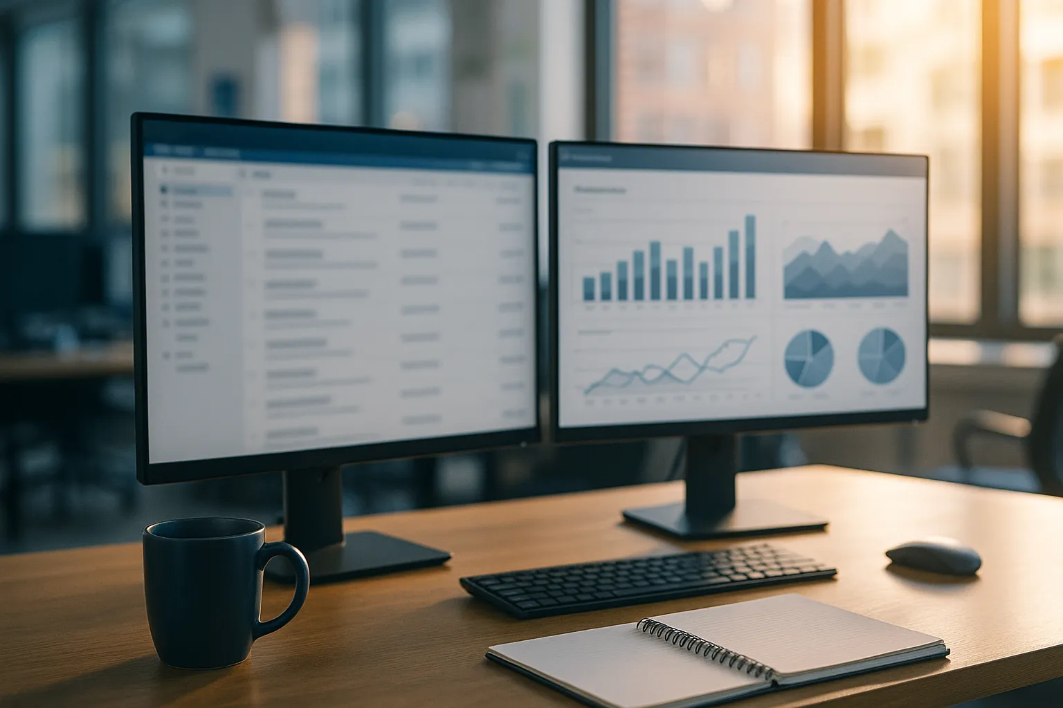 A sales representative's desk in morning light with two monitors, one showing a blurred email inbox and the other a dashboard of bar, line and pie charts, beside a coffee mug and a notebook