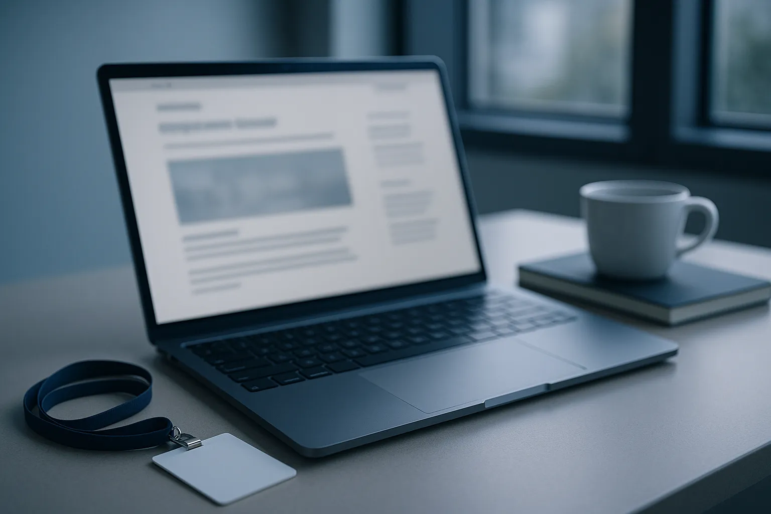 An editorial photograph of an open laptop on an office desk in natural light, showing a blurred corporate newsletter on screen, with a blank employee badge on a lanyard lying beside it