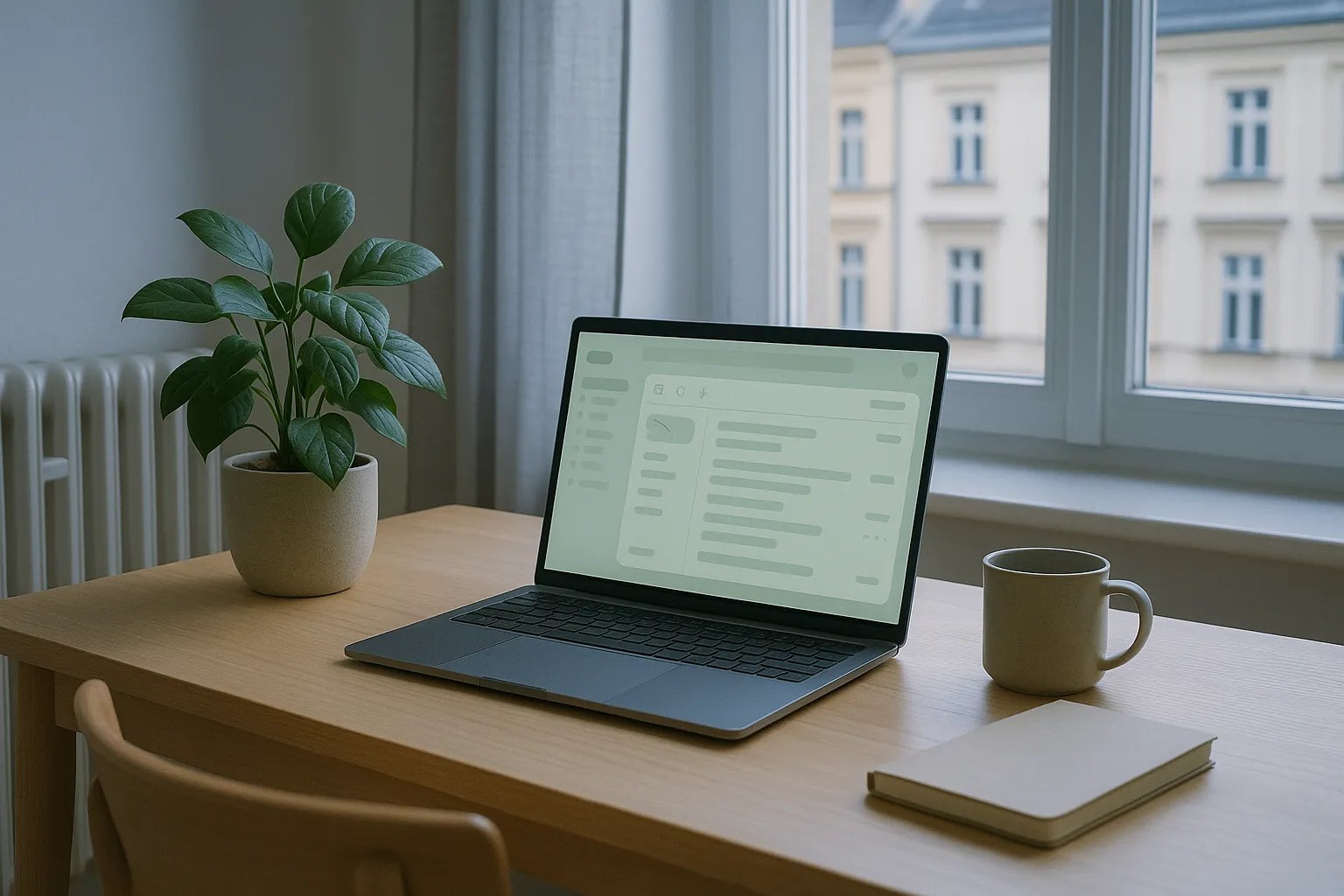 Calm home office with a laptop showing an abstract green tinted inbox beside a houseplant in soft indigo daylight, illustrating whether Posteo read receipts and remote images reveal when you open an email