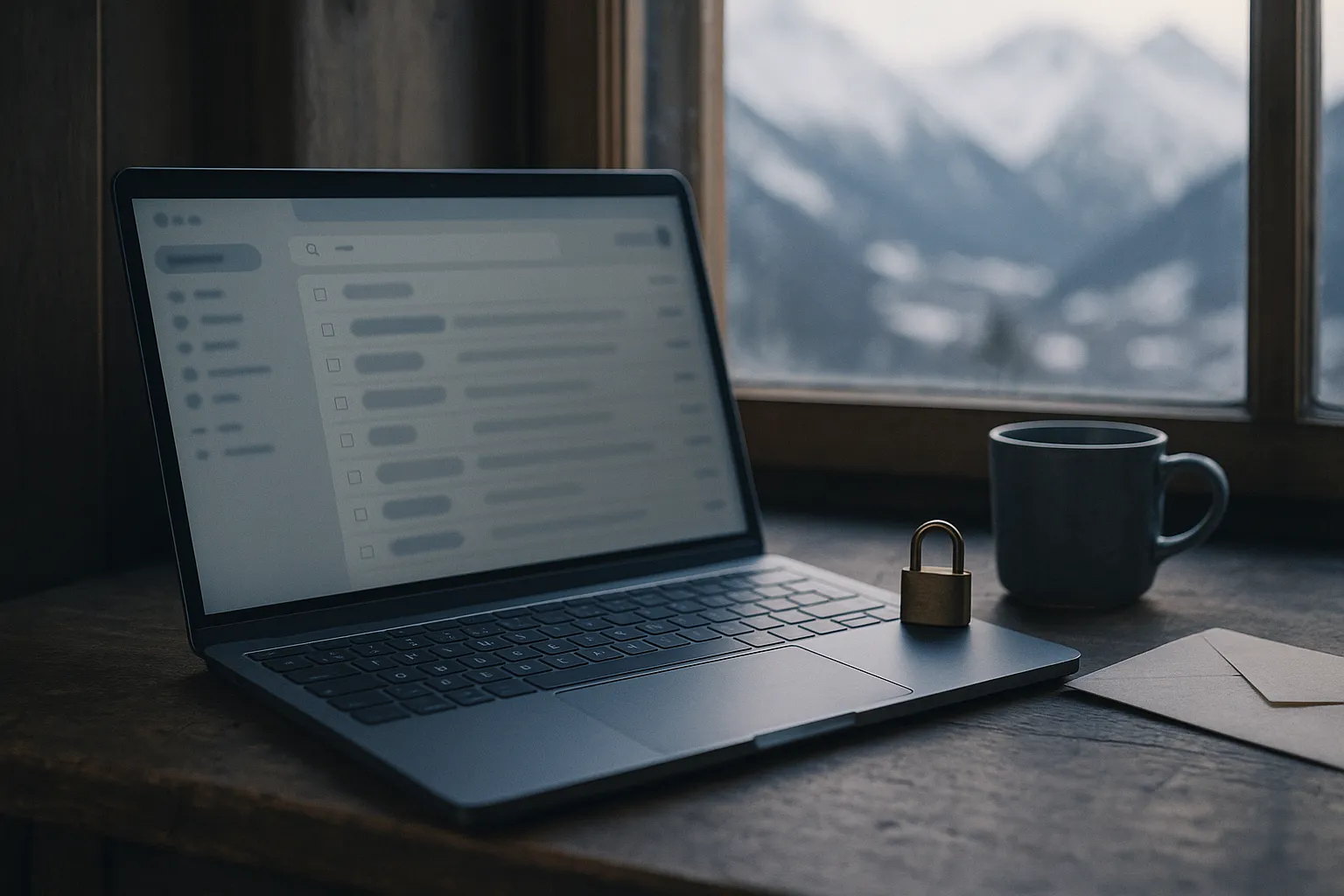 Laptop on a wooden desk by a window with snowy mountains outside, showing a blurred email inbox, with a small brass padlock, a mug and an envelope beside it, illustrating Proton Mail read receipts and tracking protection