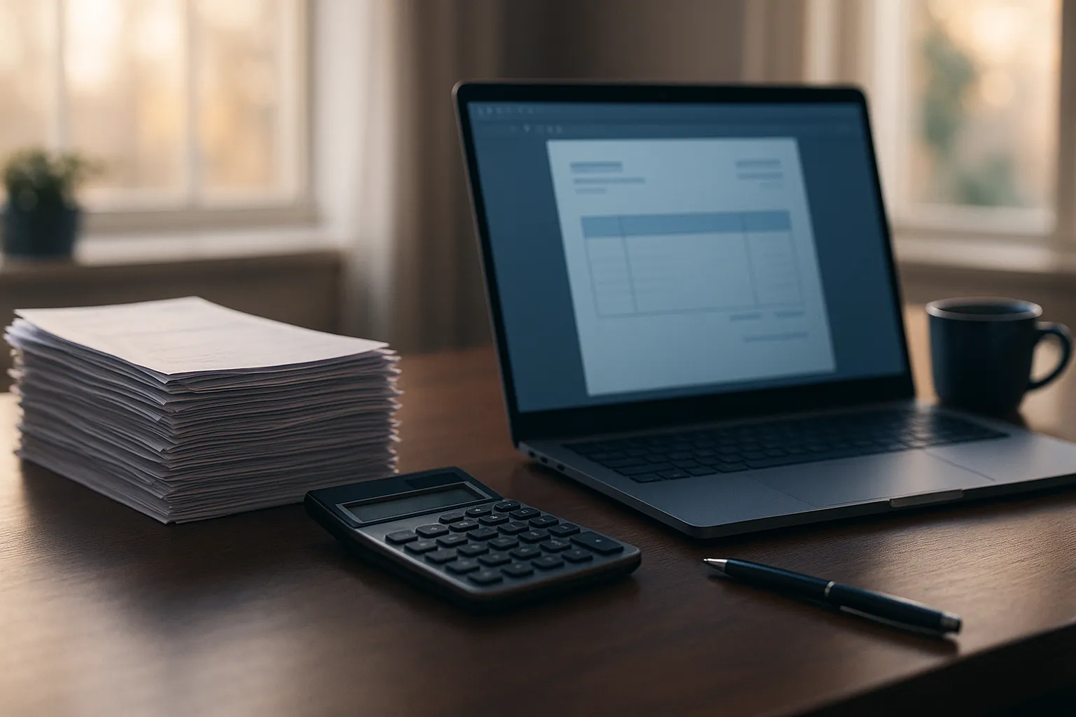 A small business desk with a paper invoice, a calculator and a laptop showing an accounting dashboard, lit by low afternoon light through a window
