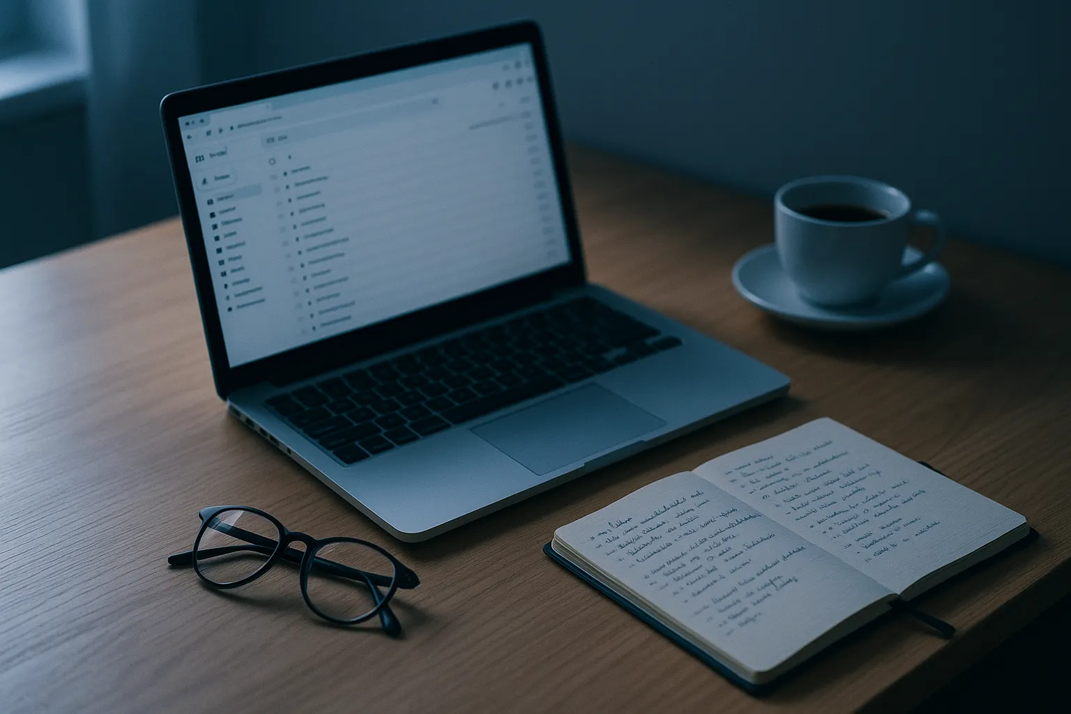 A laptop showing an email inbox on a wooden desk beside a notebook, glasses and a cup of coffee in soft window light