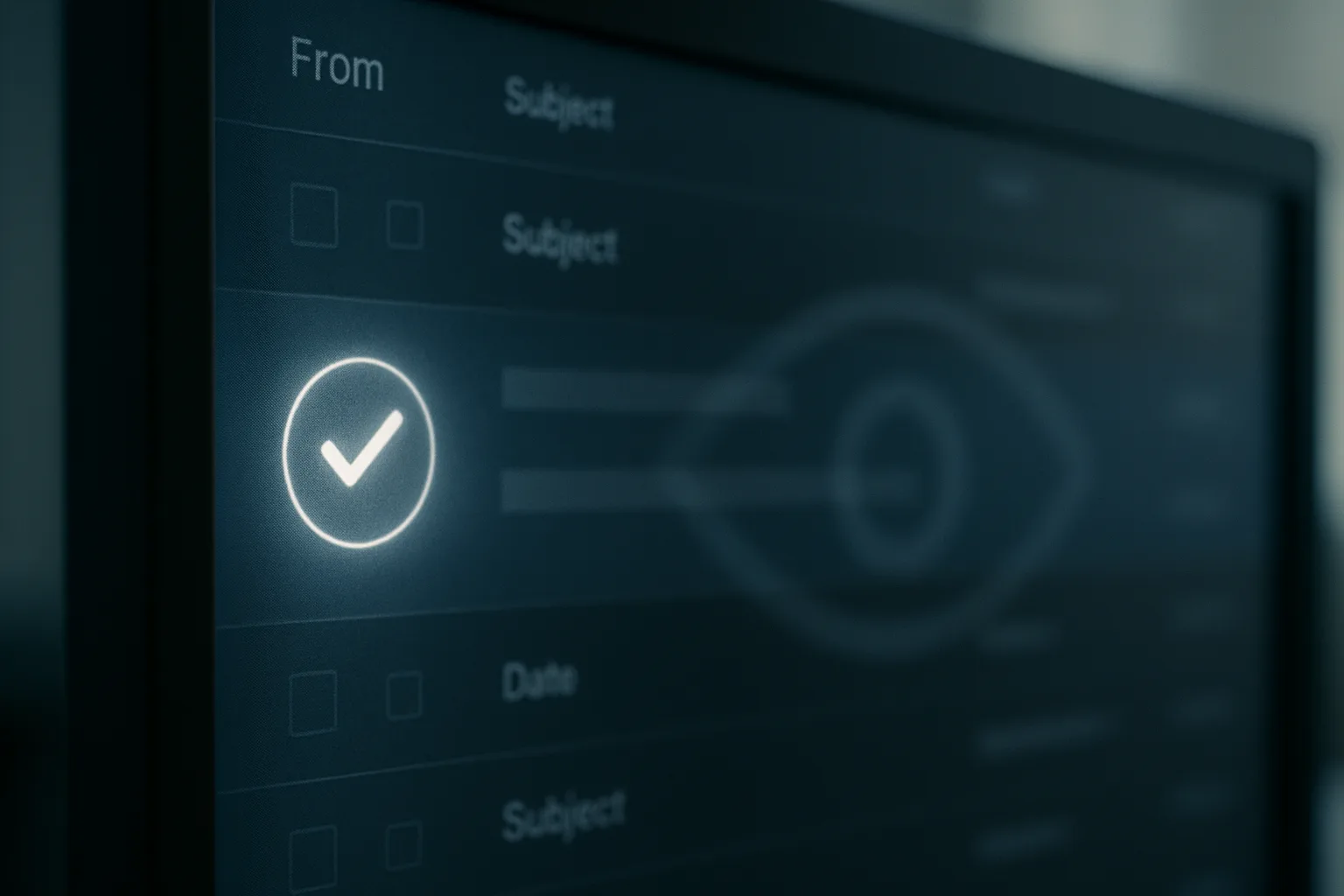 Email inbox on a desktop monitor with a glowing checkmark and a watching eye motif, representing Right Inbox read receipt tracking in Gmail