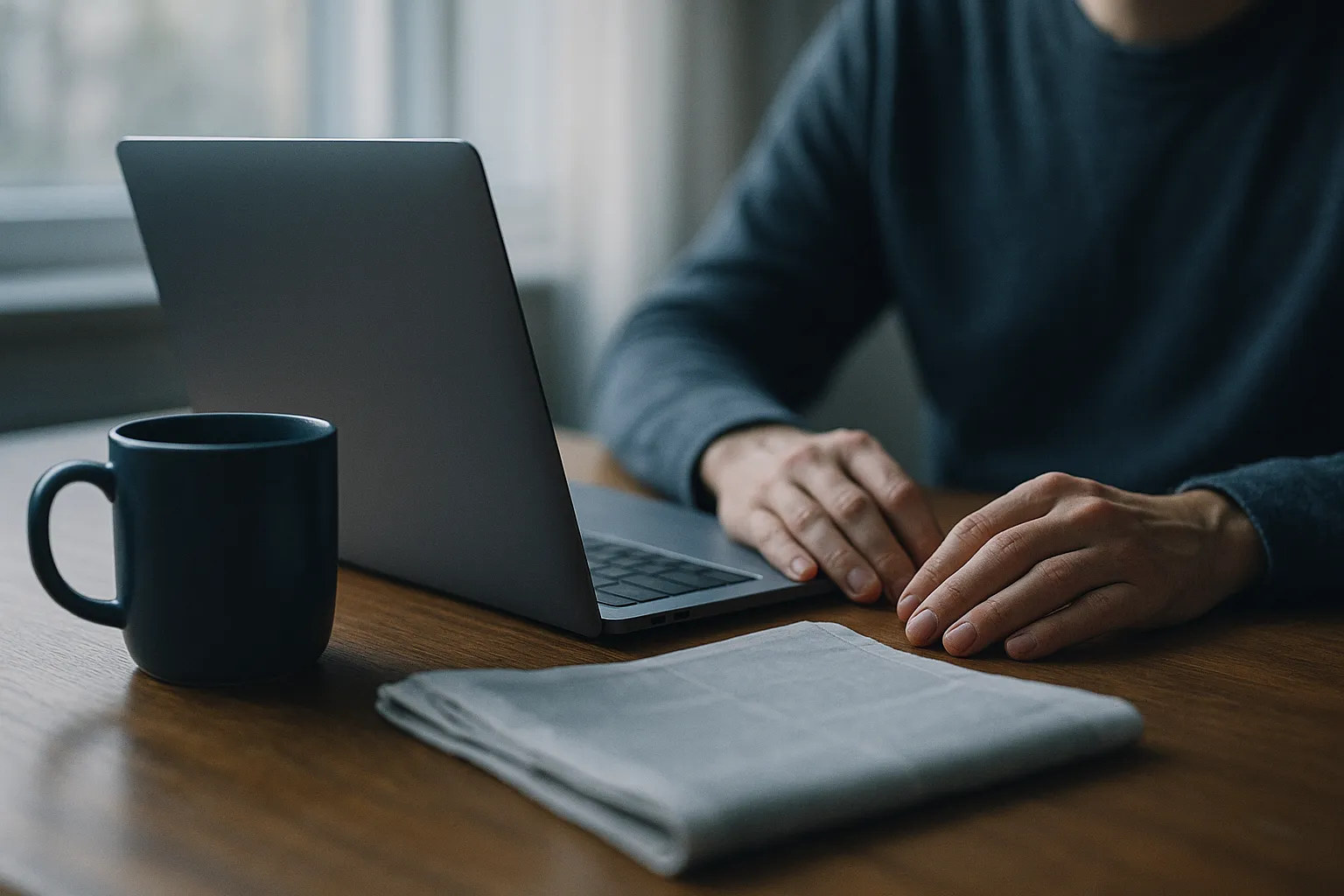 A person at a wooden desk in morning window light with a hand resting beside a laptop keyboard, a dark blue coffee mug and a folded newspaper nearby, the laptop screen turned away from the camera