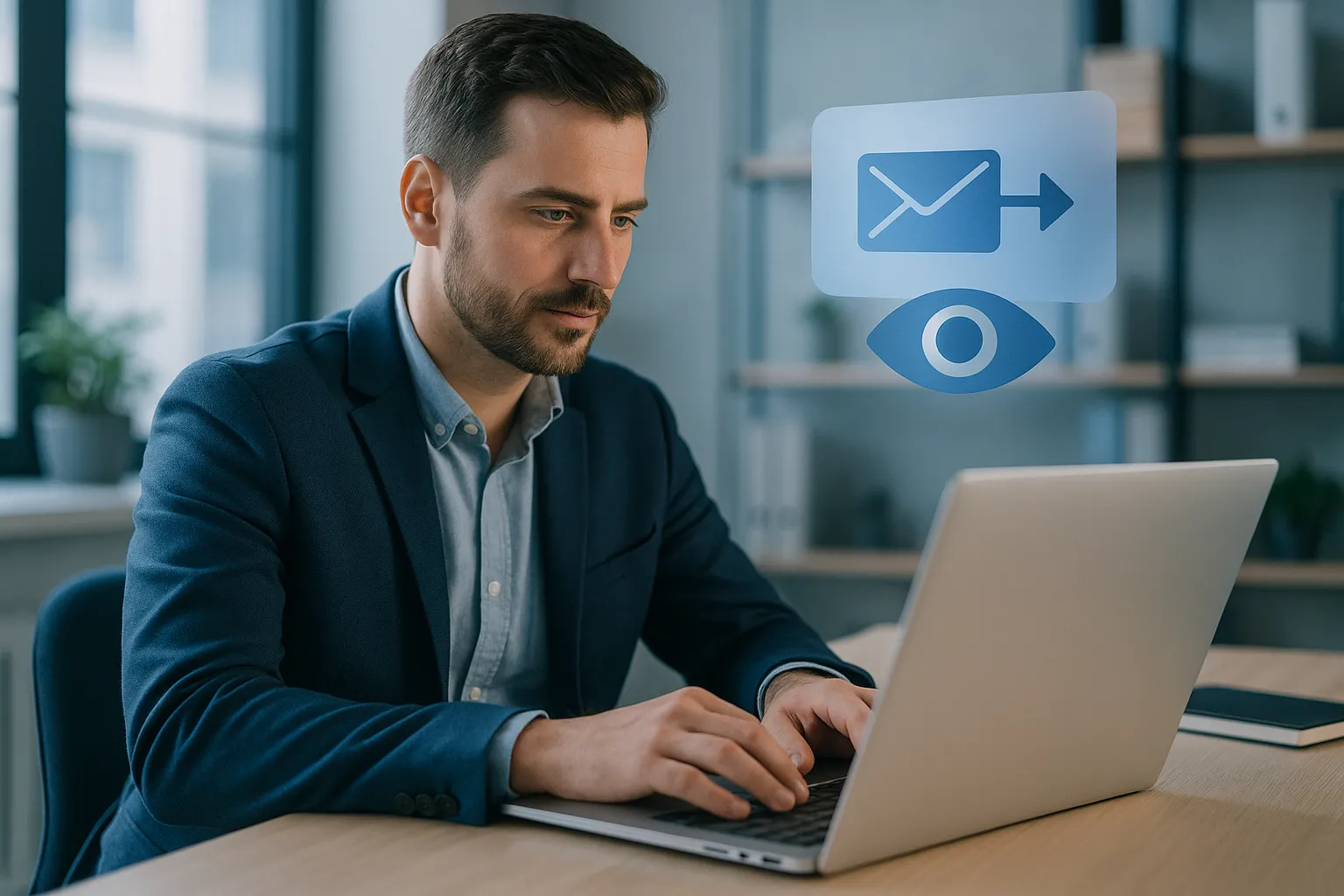 A salesperson at a laptop in a bright office sending an email, with a subtle floating eye concept showing the message is being watched