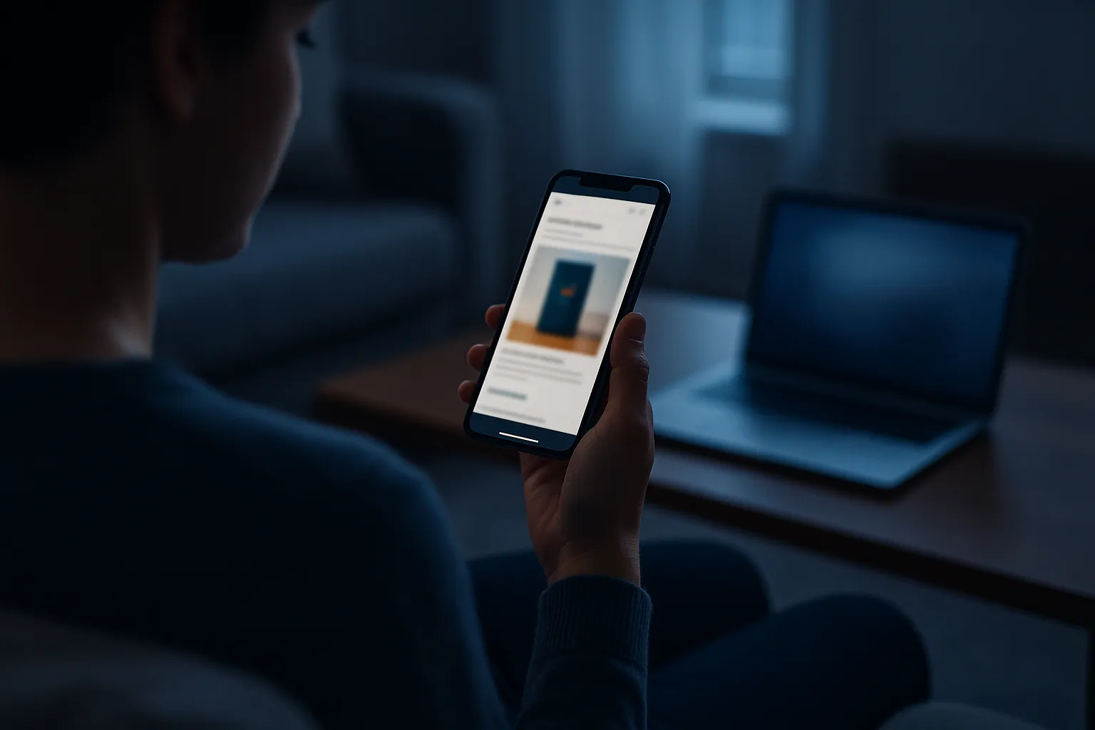 An editorial photograph of a person on a sofa at dusk holding a phone that displays a blurred retail promotional email, with a laptop glowing on the coffee table