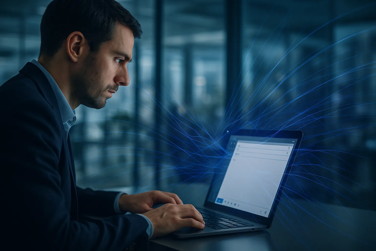 Professional sending email on a laptop with indigo data streams representing SendGrid's tracking infrastructure collecting data silently in the background