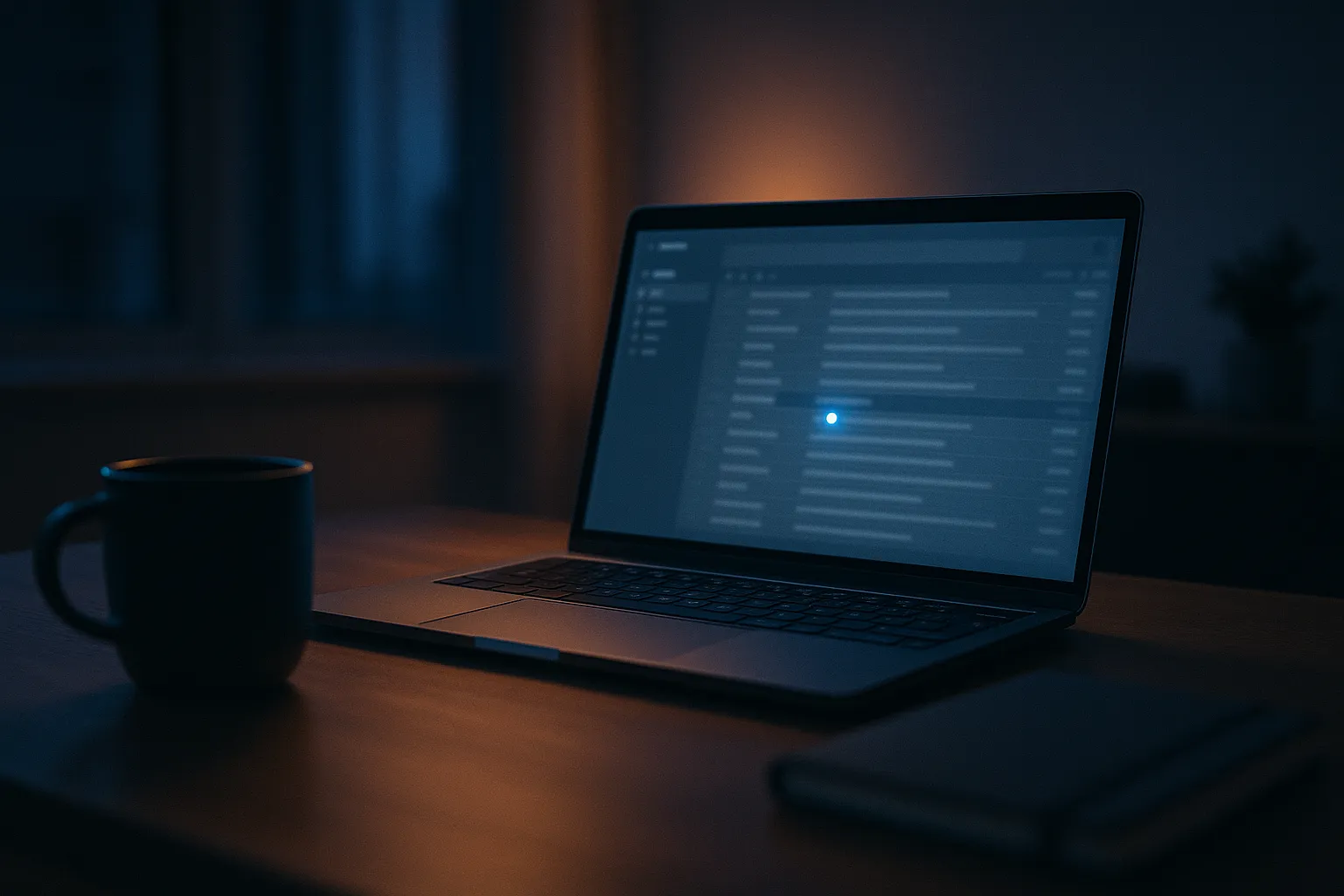 A laptop on a minimal desk at dusk showing a blurred email inbox with a small glowing blue indicator near a subject line, representing SendPulse email tracking inside Gmail