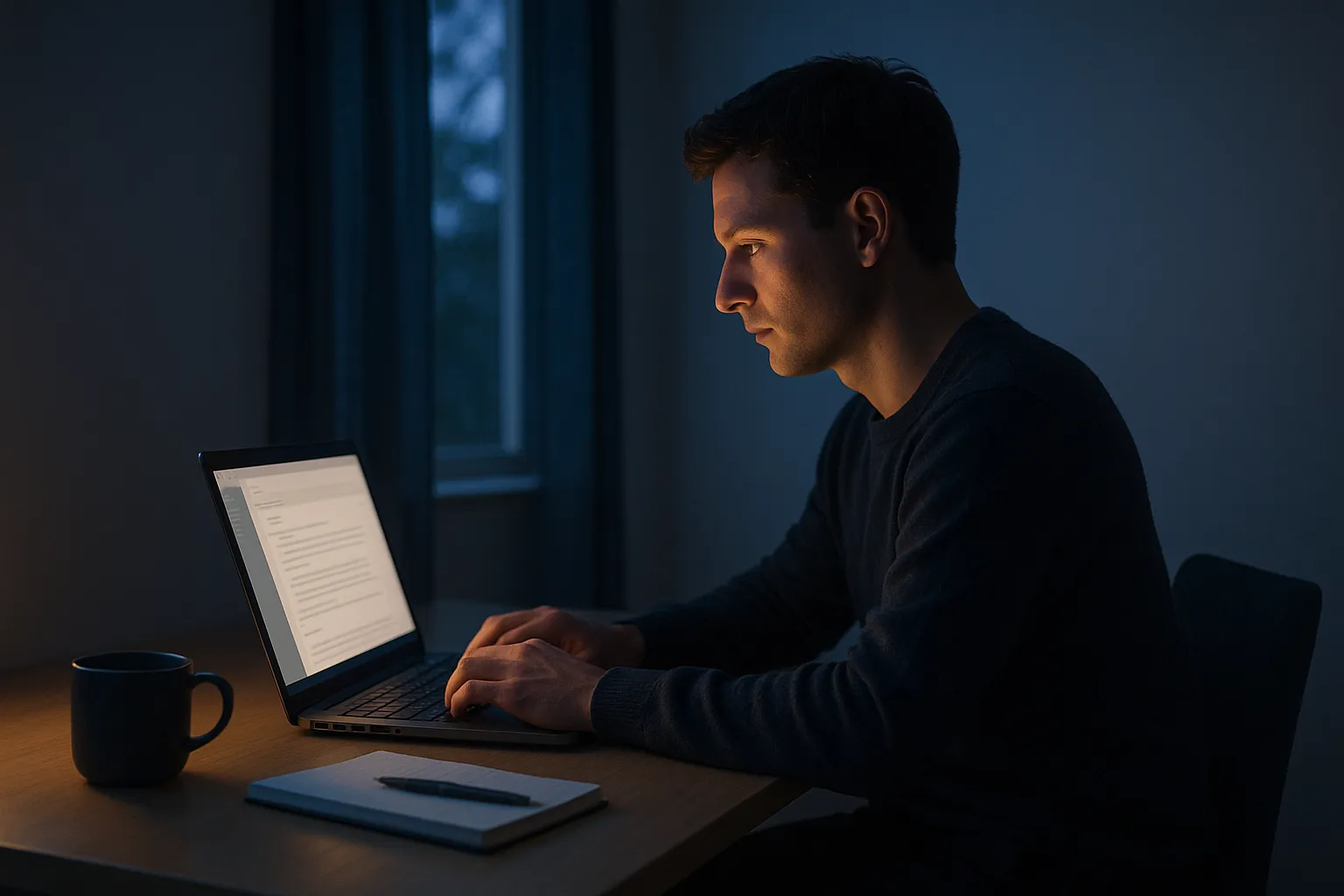 Person reading email on a laptop at a home office desk in the evening, illustrating whether Shortwave read receipts can reveal when an email is opened