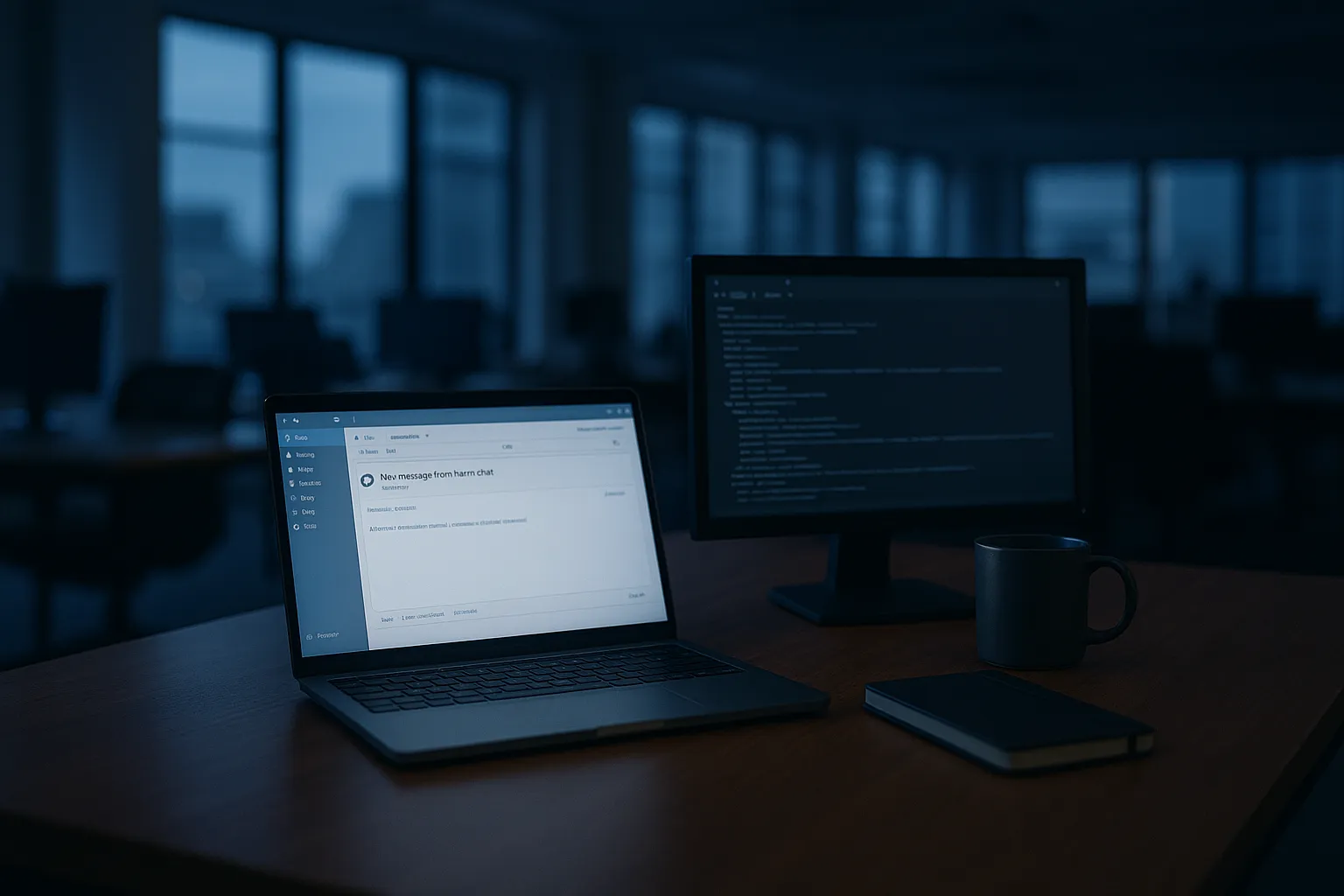 A laptop on a wooden desk at dusk showing a team chat notification email open in a webmail inbox beside a second monitor displaying raw email source