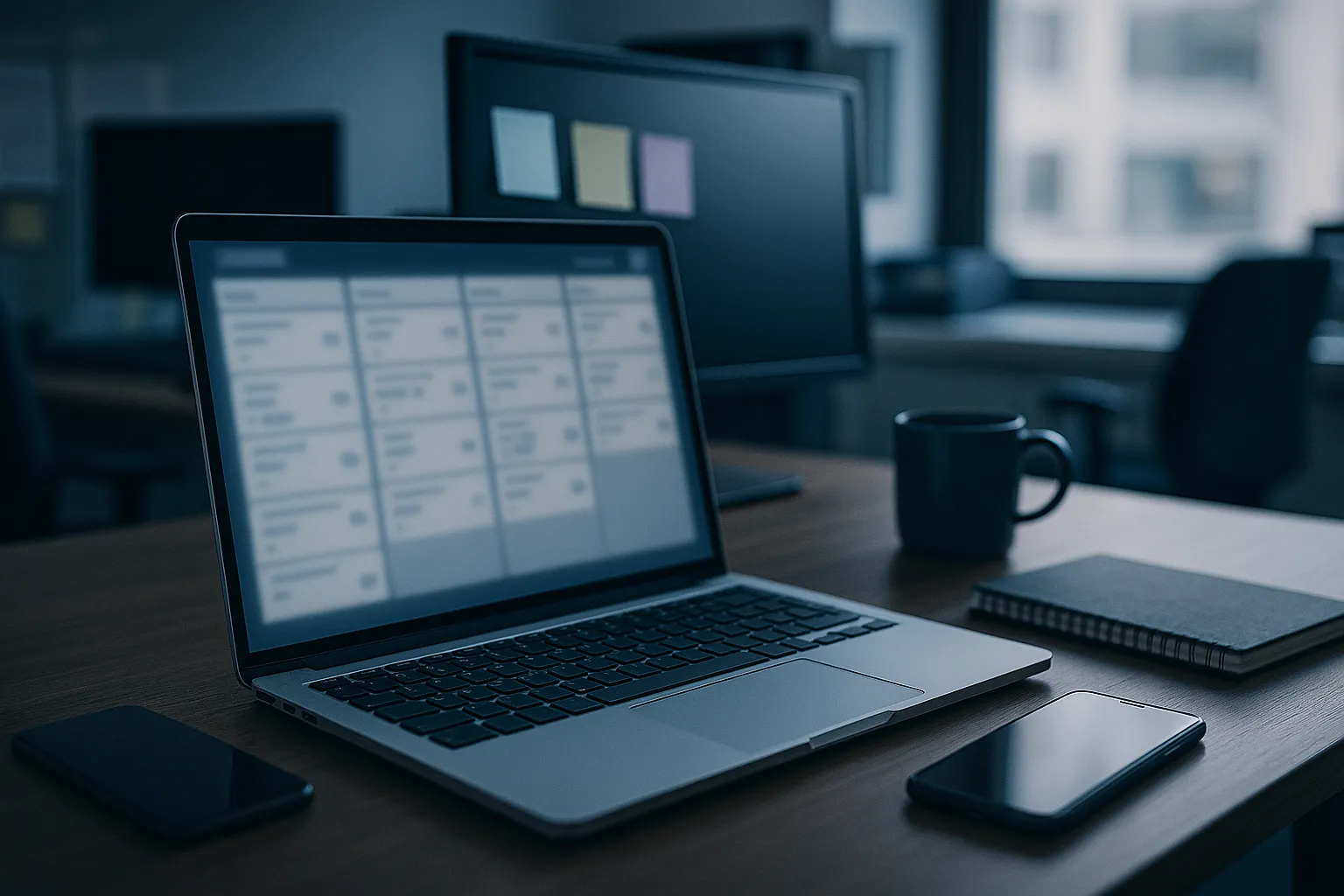 A laptop on a sales team desk showing a blurred Kanban board of cards in columns, with sticky notes on a monitor and phones lying face down, illustrating Sortd email tracking inside Gmail