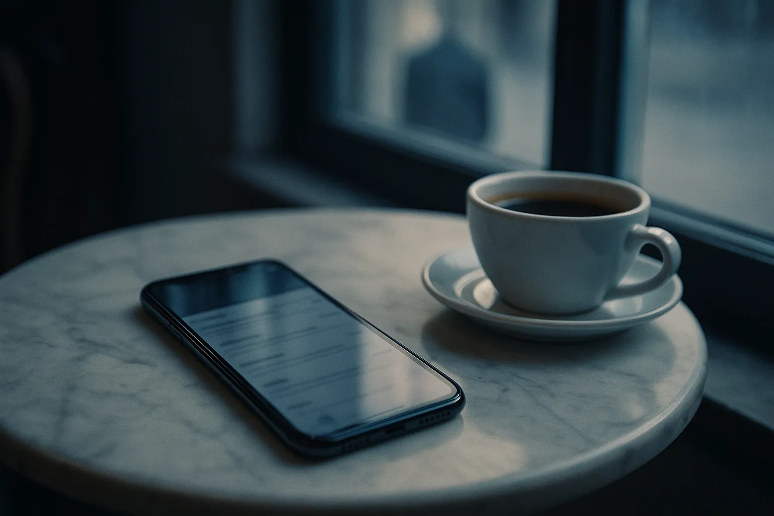 A smartphone showing a blurred email inbox on a marble cafe table beside a coffee cup, with the faint silhouette of a person visible in the window behind