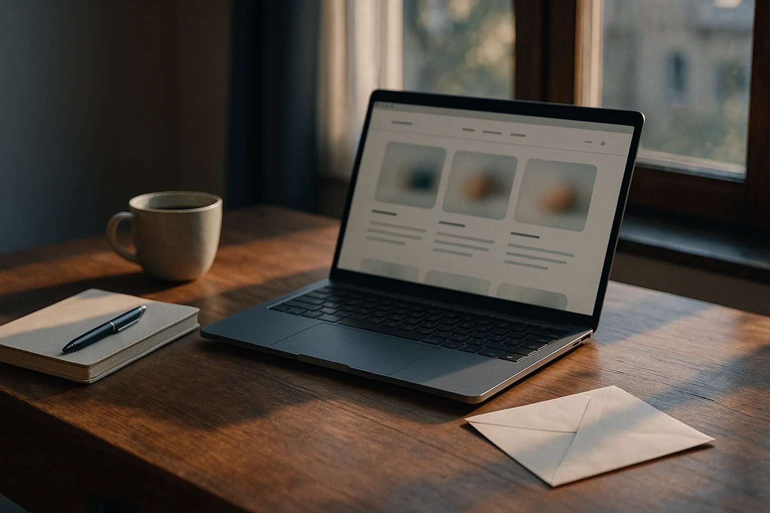 A small business owner's desk in warm daylight with an open laptop showing a clean product website, a notebook, a coffee cup and an opened paper envelope beside the keyboard