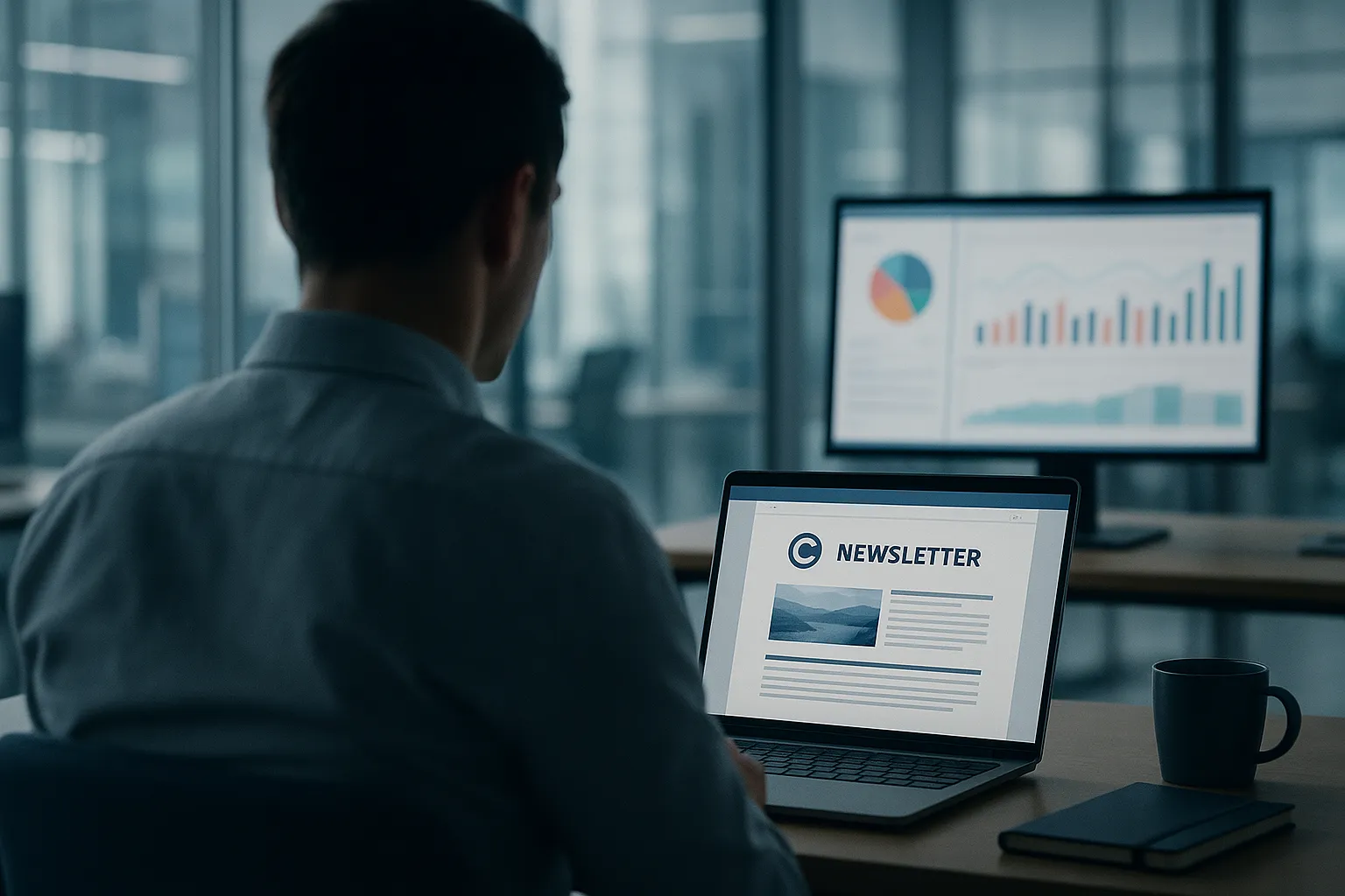 Over the shoulder view of an office worker reading a corporate internal newsletter on a laptop, with an analytics dashboard visible on a second monitor in the blurred background