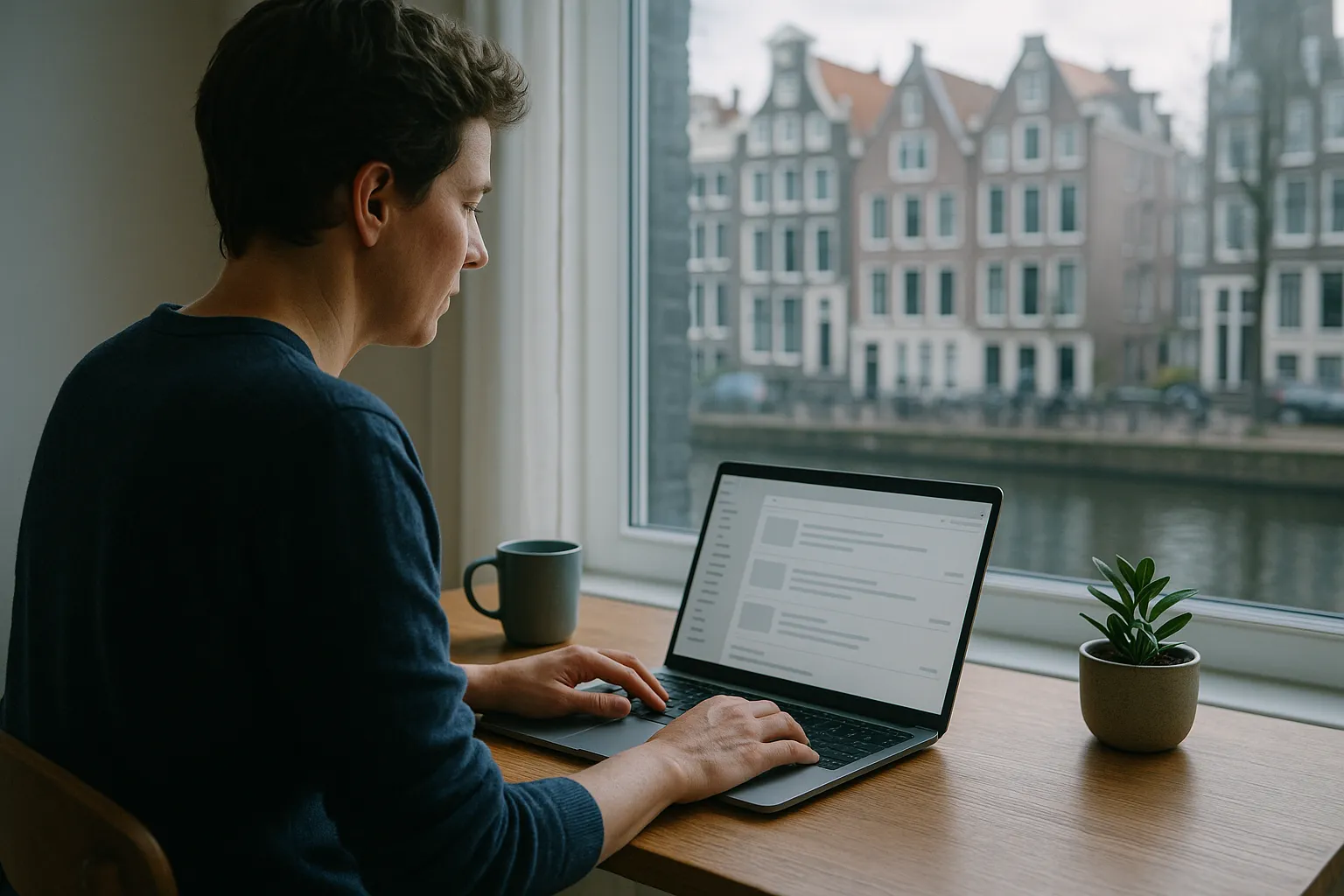 Person reading email on a laptop in a bright Amsterdam canal side apartment, with image placeholders on screen, illustrating whether StartMail read receipts and tracking pixels reveal when you open an email