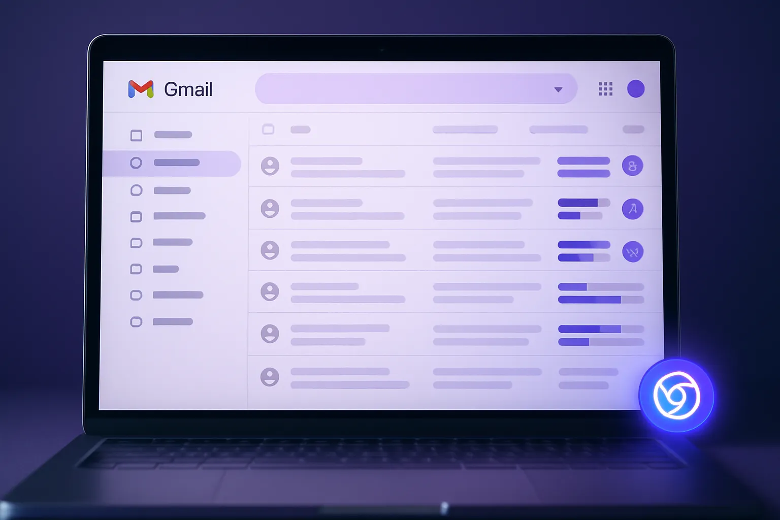 Gmail inbox view on a laptop with a Chrome extension overlay showing CRM pipeline indicators and email tracking notification badges representing Streak CRM email tracking