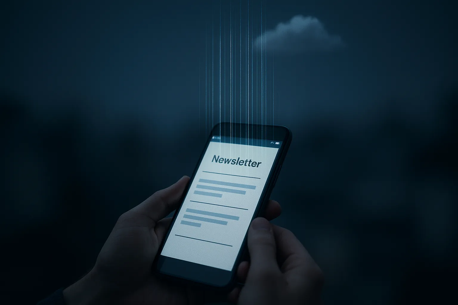 Person holding a smartphone showing a newsletter email with invisible data streams flowing toward a remote server, representing Substack email tracking
