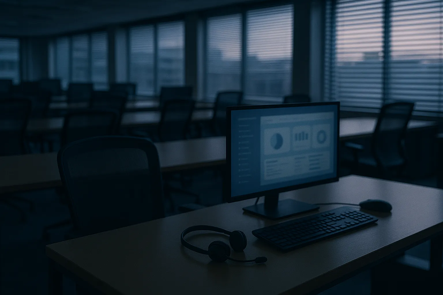 An empty open plan sales floor at dusk, one desk in the foreground holding a headset, keyboard and a monitor showing a faint dashboard, with venetian blinds half open behind rows of empty chairs